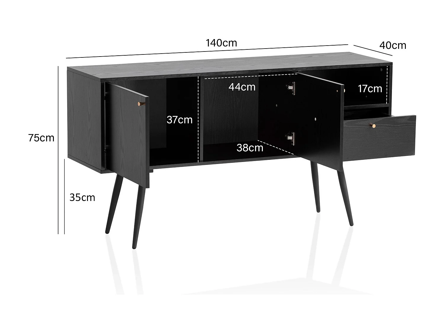 buffet 140x75x40 cm commode noir avec décor chêne