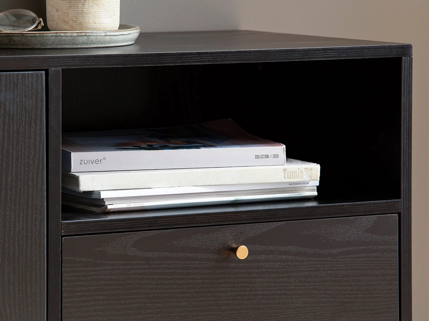 buffet 140x75x40 cm commode noir avec décor chêne