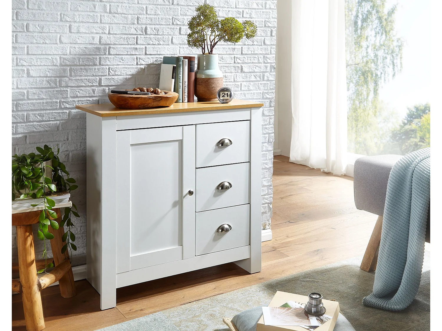 Commode avec 3 tiroirs 79x81x35 cm commode blanc / chêne
