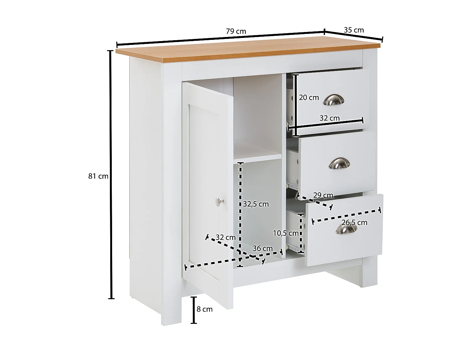 Commode avec 3 tiroirs 79x81x35 cm commode blanc / chêne