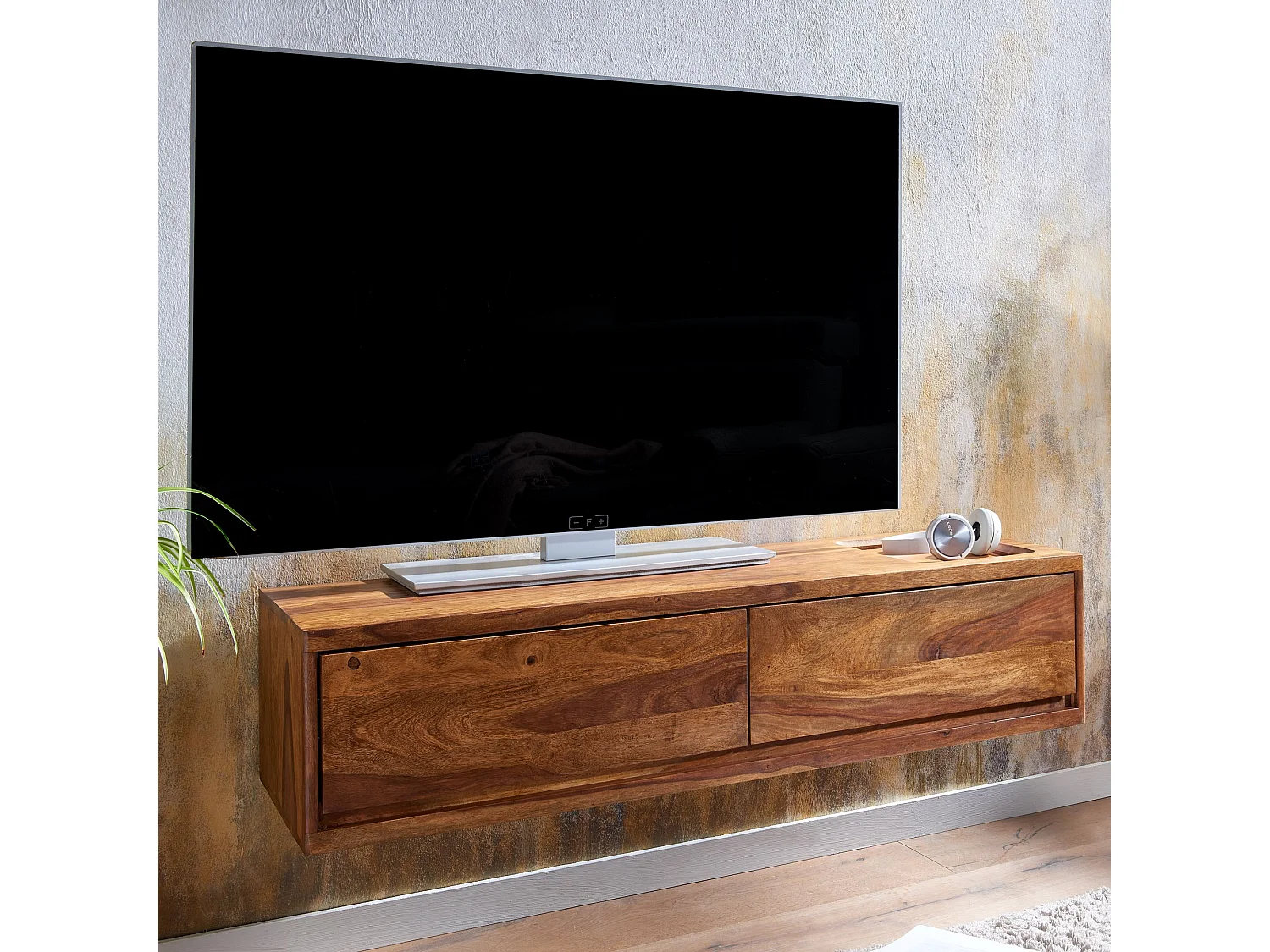 HiFi Lowboard Hangend Sheesham Massief Hout 108x25x34 cm