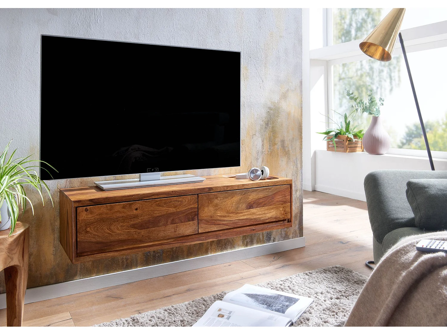 HiFi Lowboard Hangend Sheesham Massief Hout 108x25x34 cm