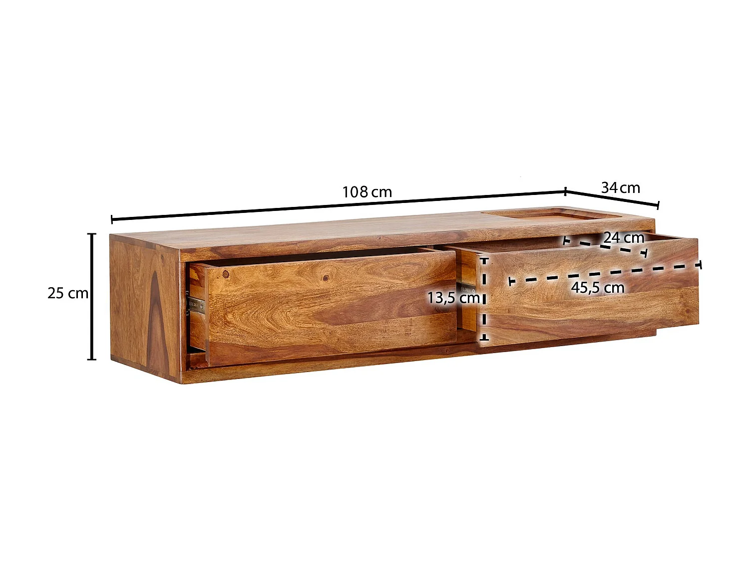 HiFi Lowboard Hangend Sheesham Massief Hout 108x25x34 cm