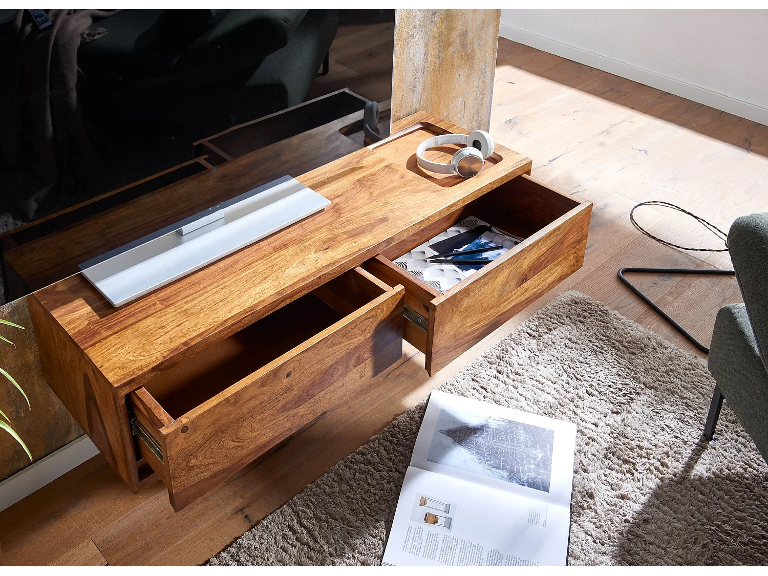 HiFi Lowboard Hangend Sheesham Massief Hout 108x25x34 cm