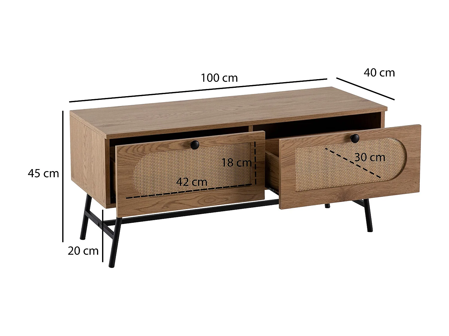 Lowboard 100x45x40 cm TV-kast met eiken decor & rotan,