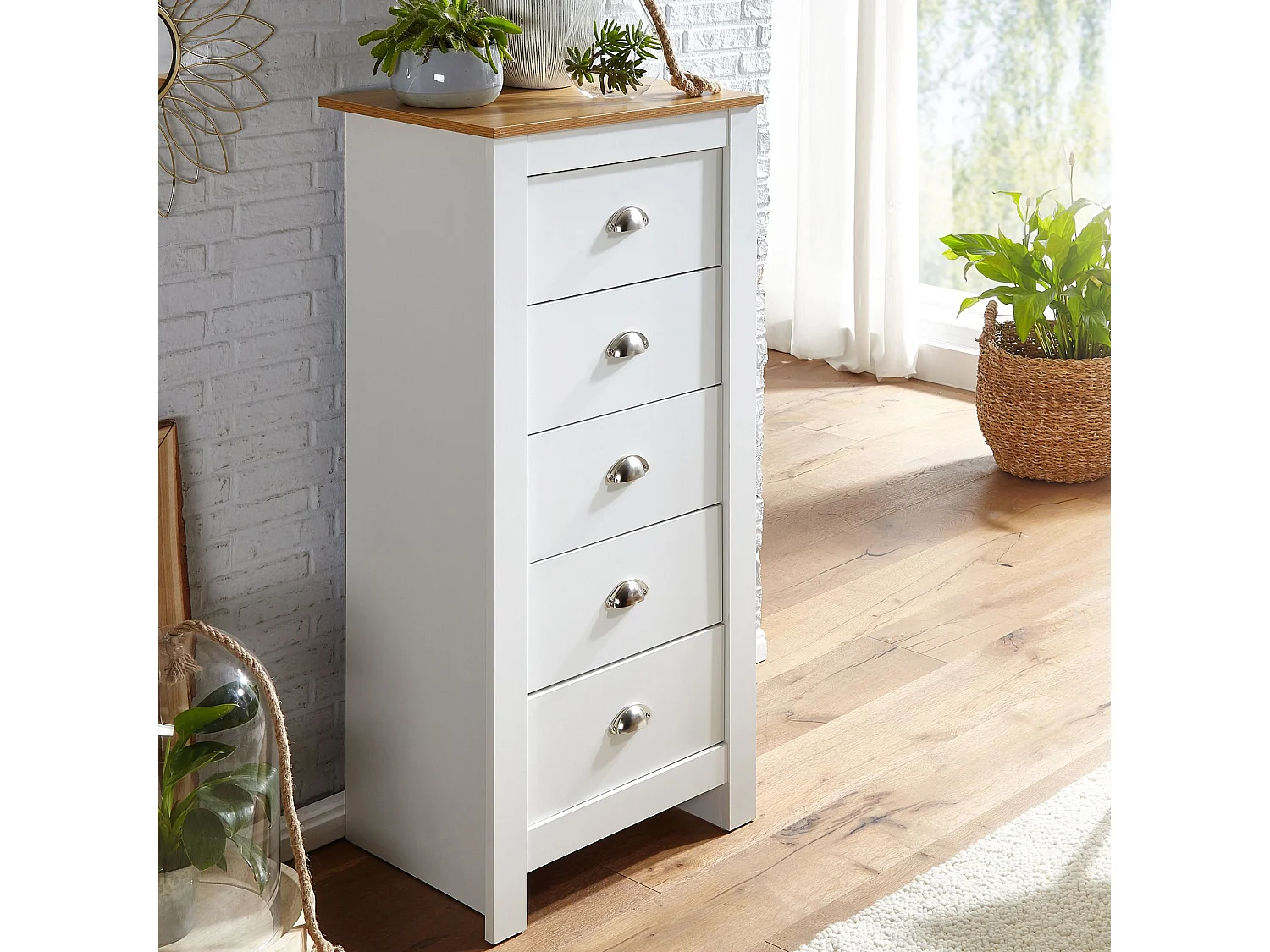 buffet avec 5 tiroirs 53x114x39 cm commode blanc / chêne