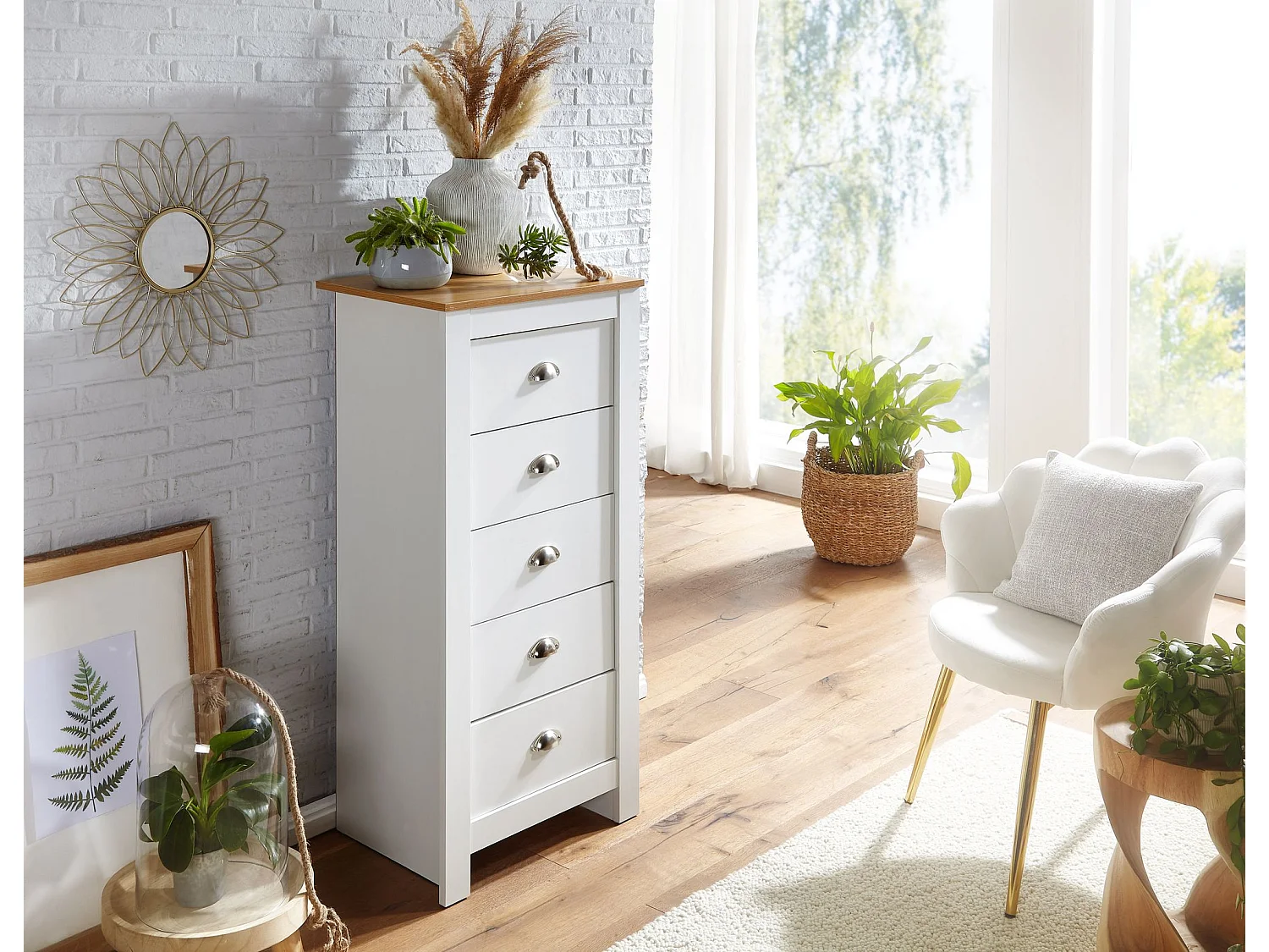 buffet avec 5 tiroirs 53x114x39 cm commode blanc / chêne