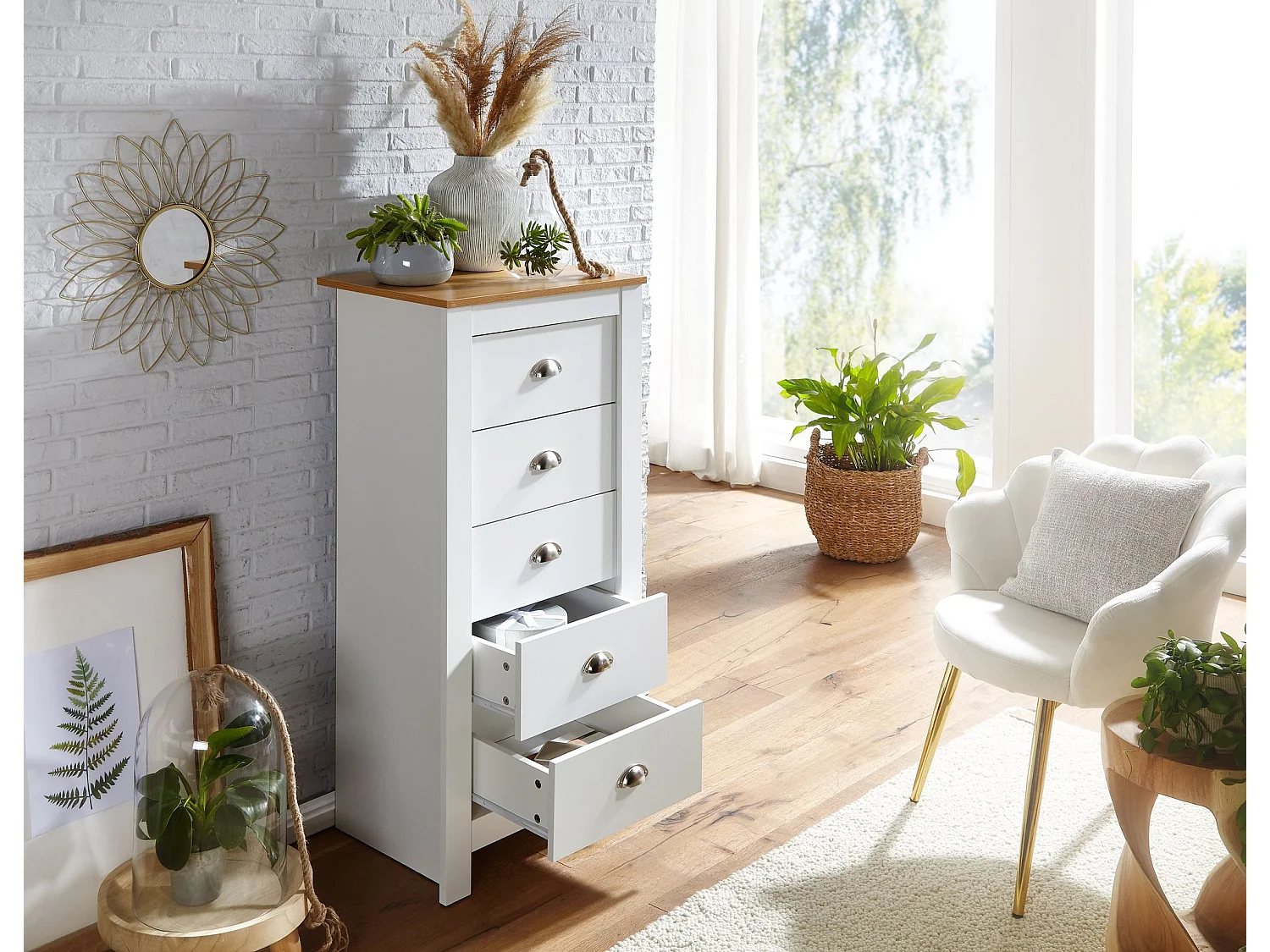 buffet avec 5 tiroirs 53x114x39 cm commode blanc / chêne