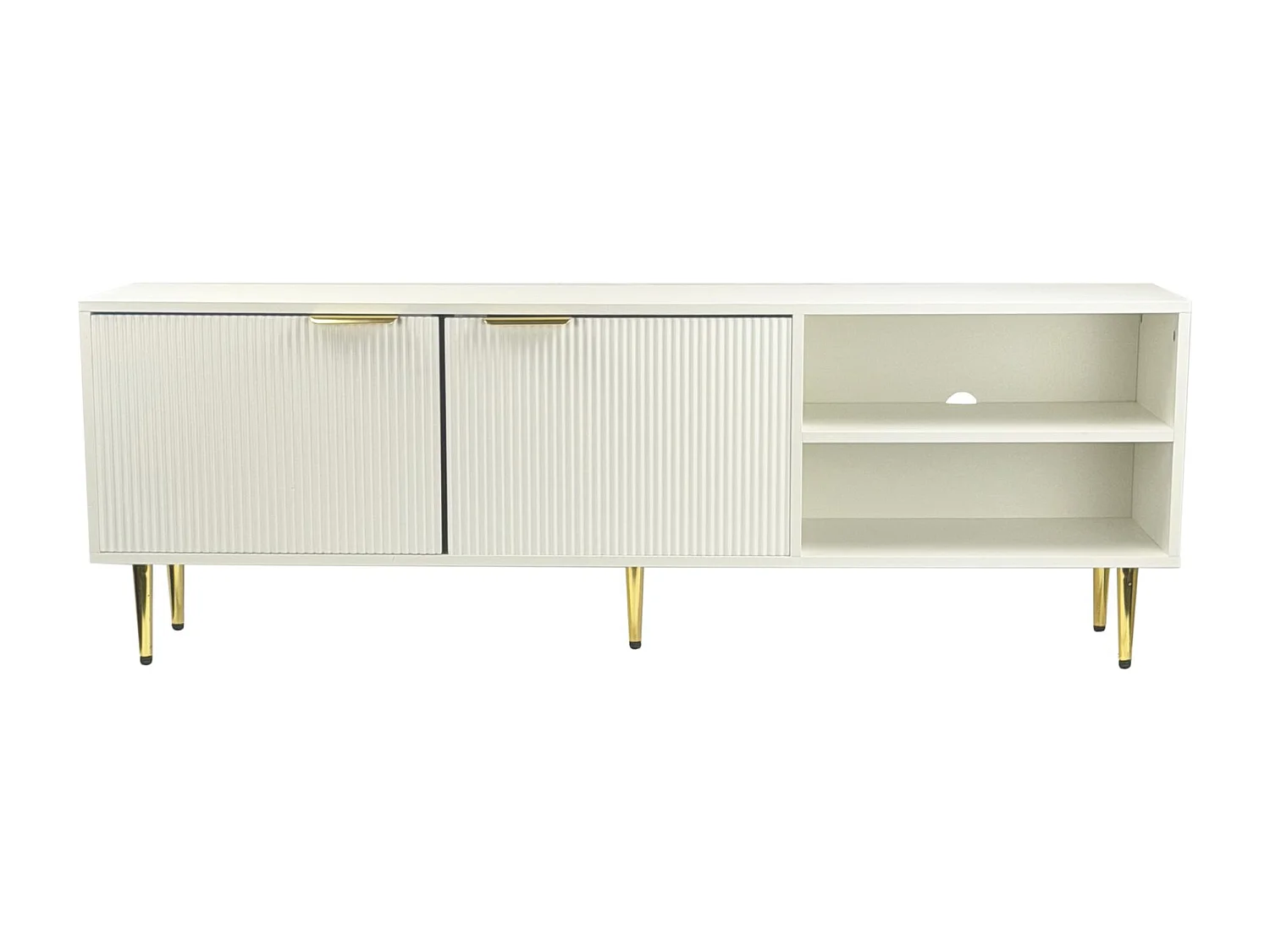Meuble TV bas blanc 150cm avec façade à lattes - Commode