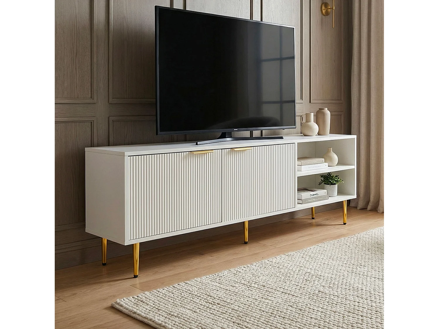 Meuble TV bas blanc 150cm avec façade à lattes - Commode