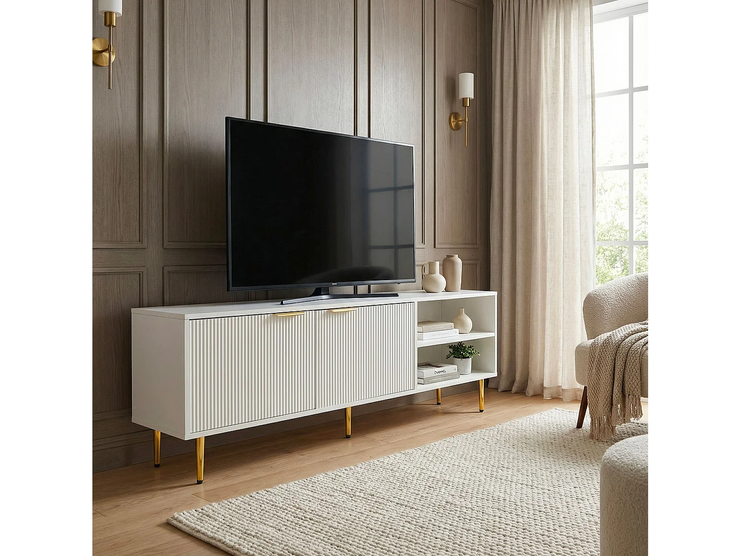 Meuble TV bas blanc 150cm avec façade à lattes - Commode