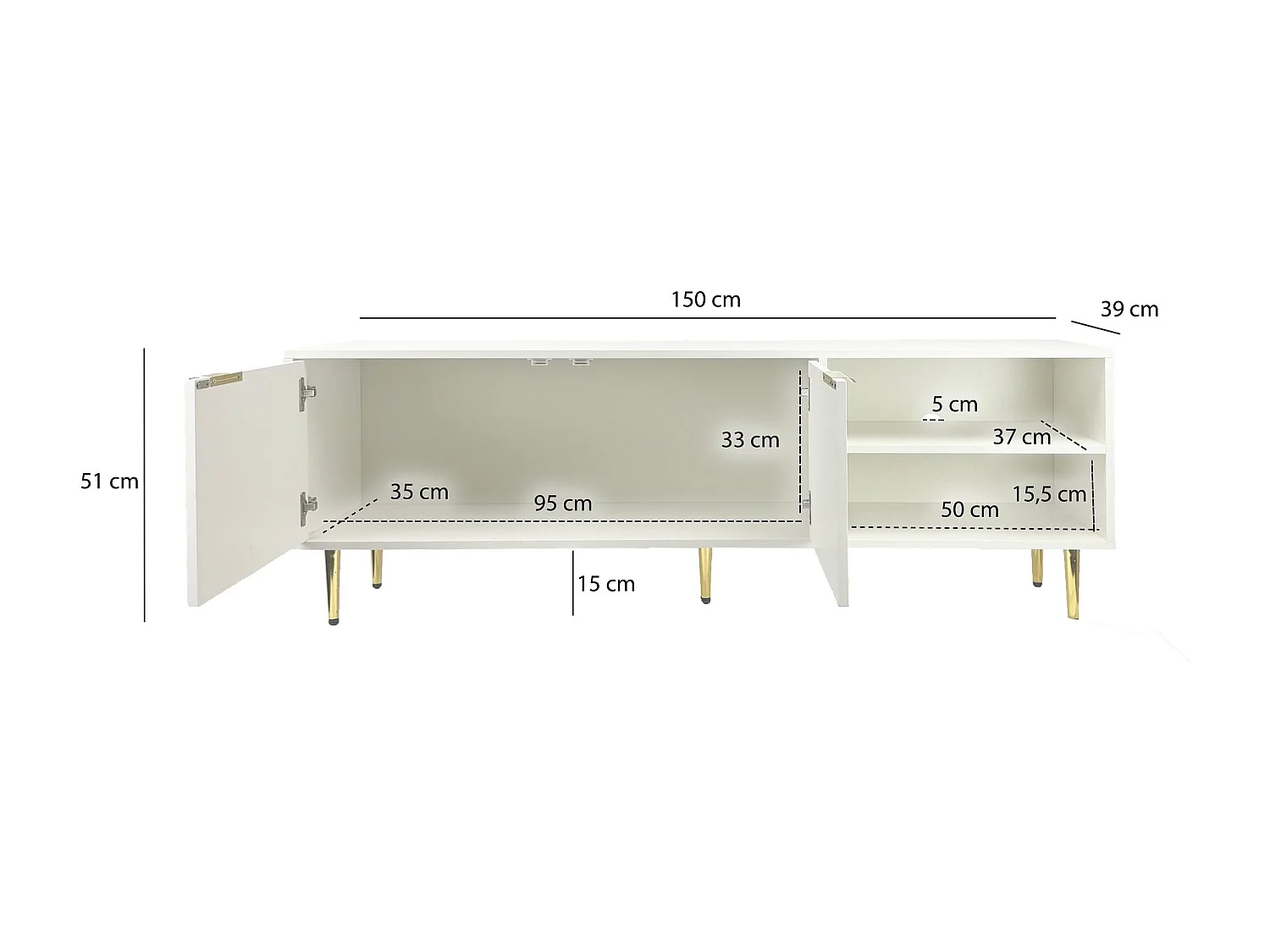 Meuble TV bas blanc 150cm avec façade à lattes - Commode