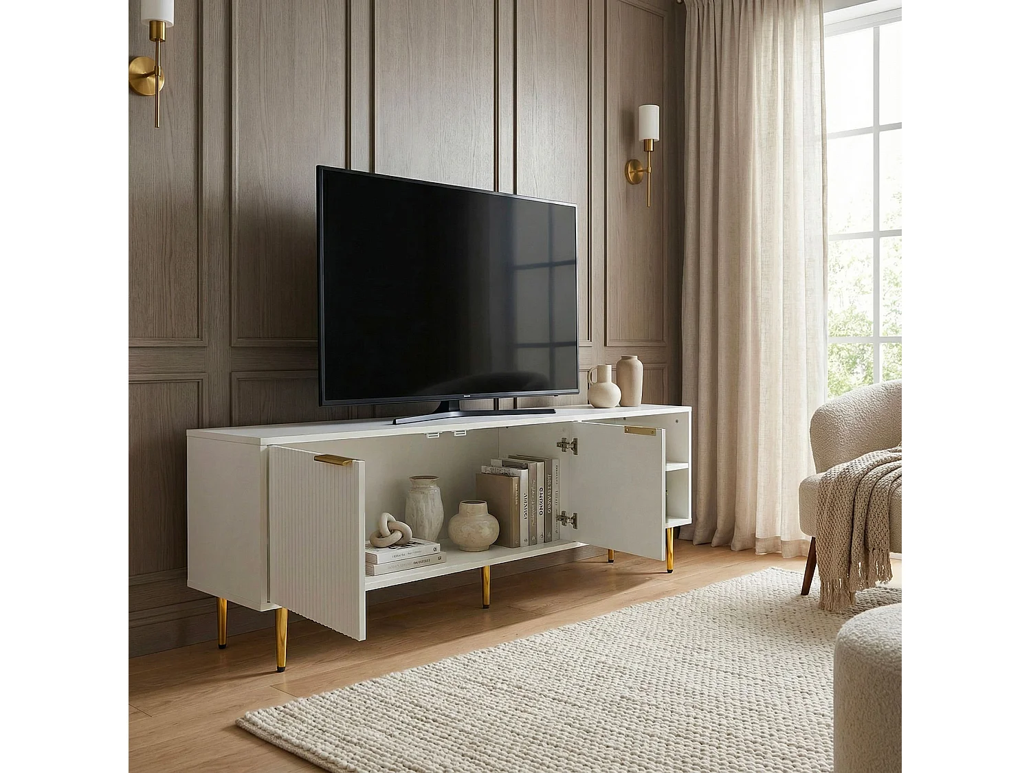 Meuble TV bas blanc 150cm avec façade à lattes - Commode