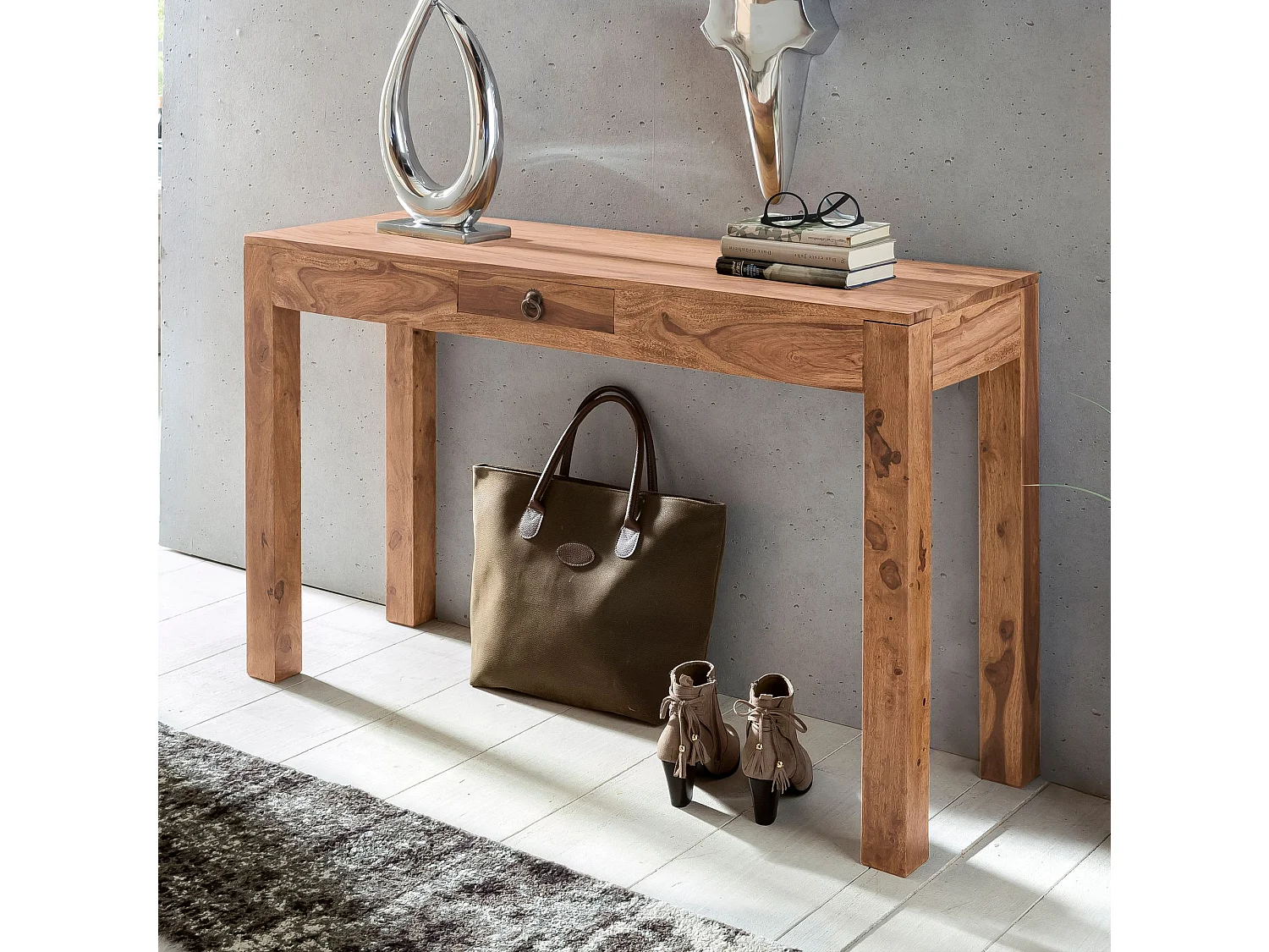 Console console massif d'acacia en bois avec 1 tiroir