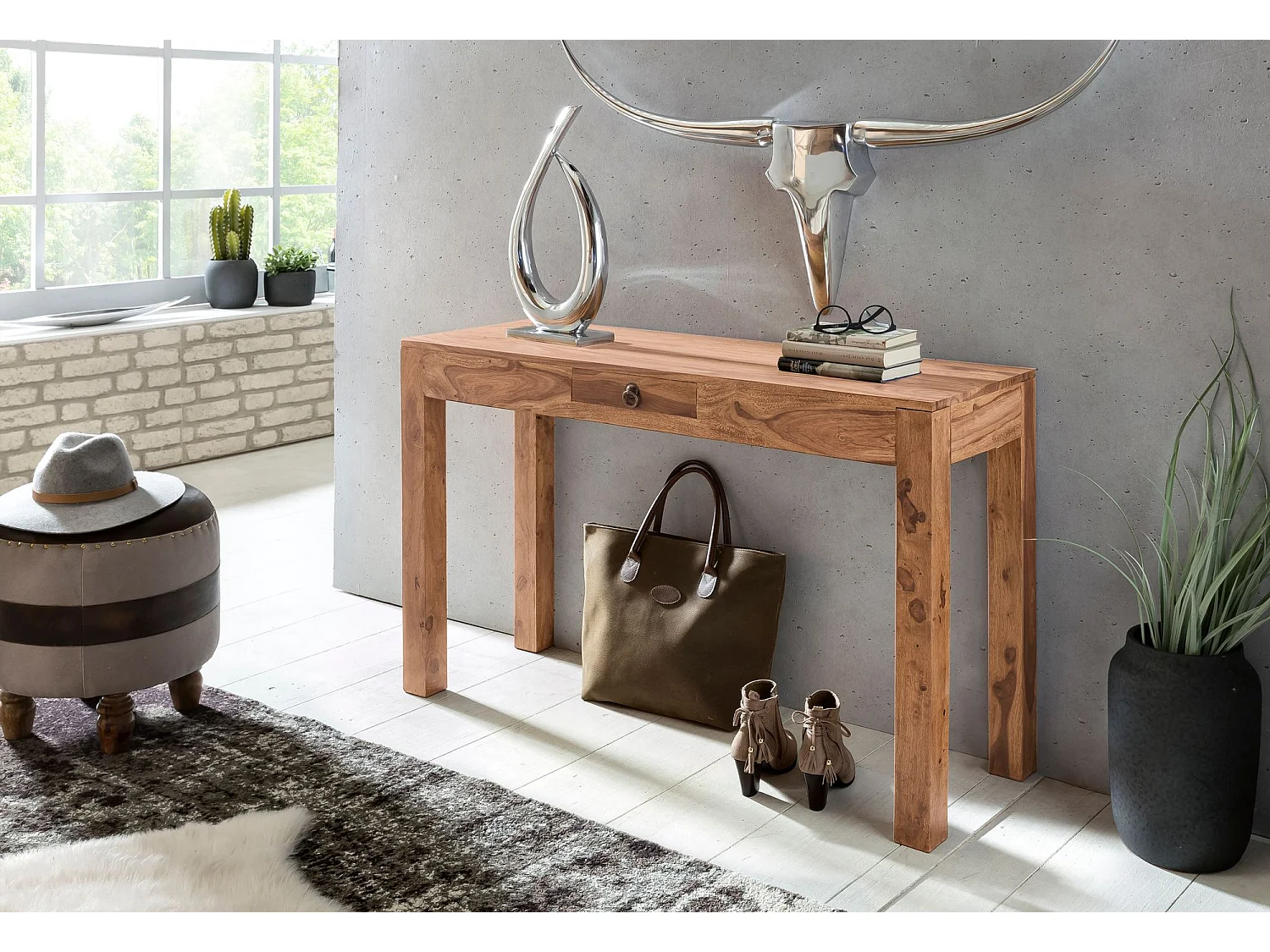 Console console massif d'acacia en bois avec 1 tiroir