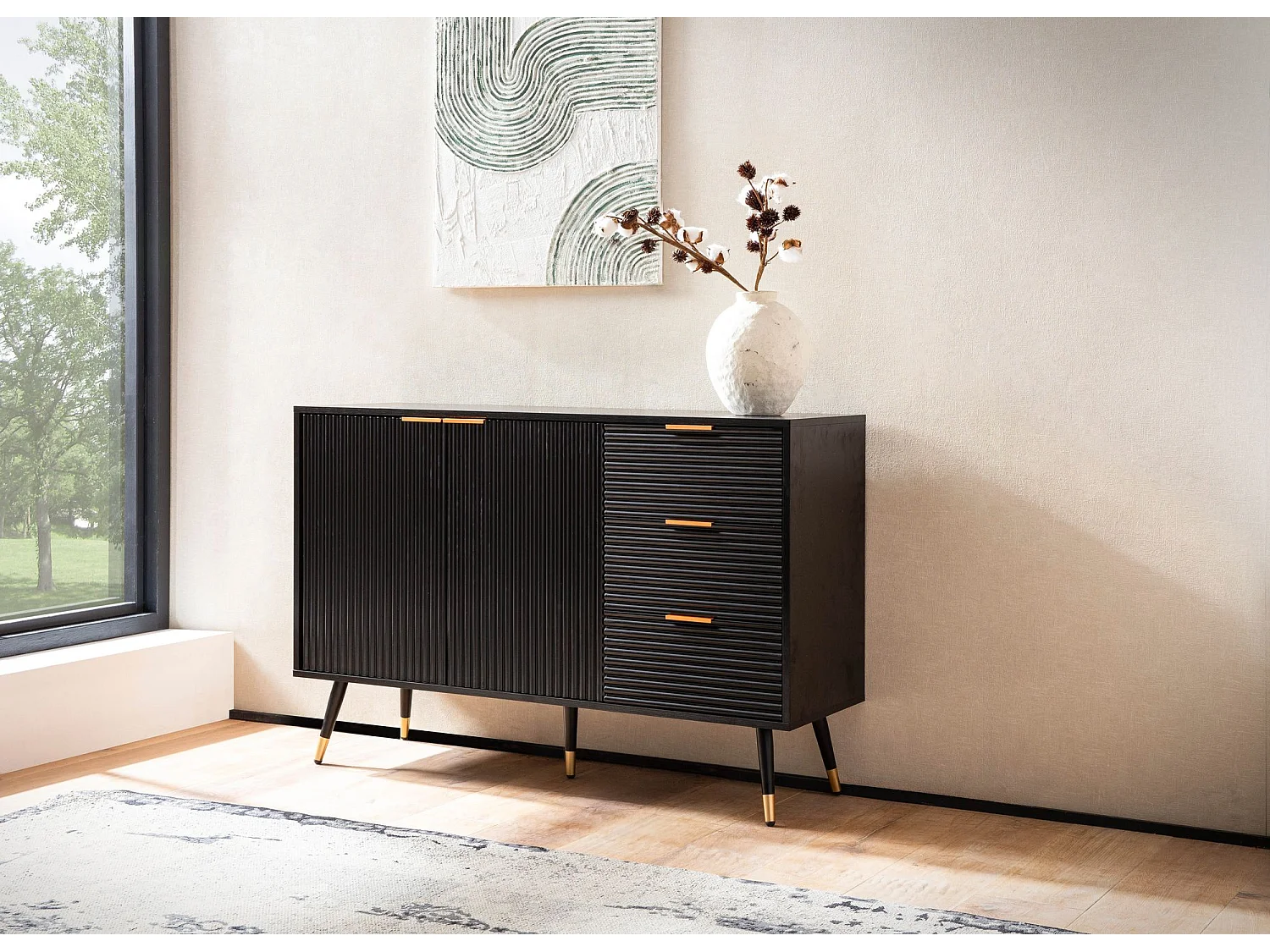 Buffet 120x80x40 cm Buffet Noir avec Décor Chêne,