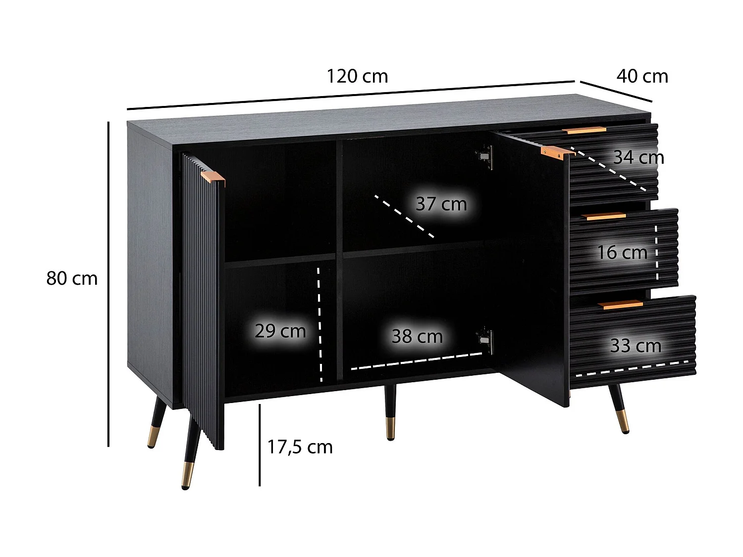 Buffet 120x80x40 cm Buffet Noir avec Décor Chêne,