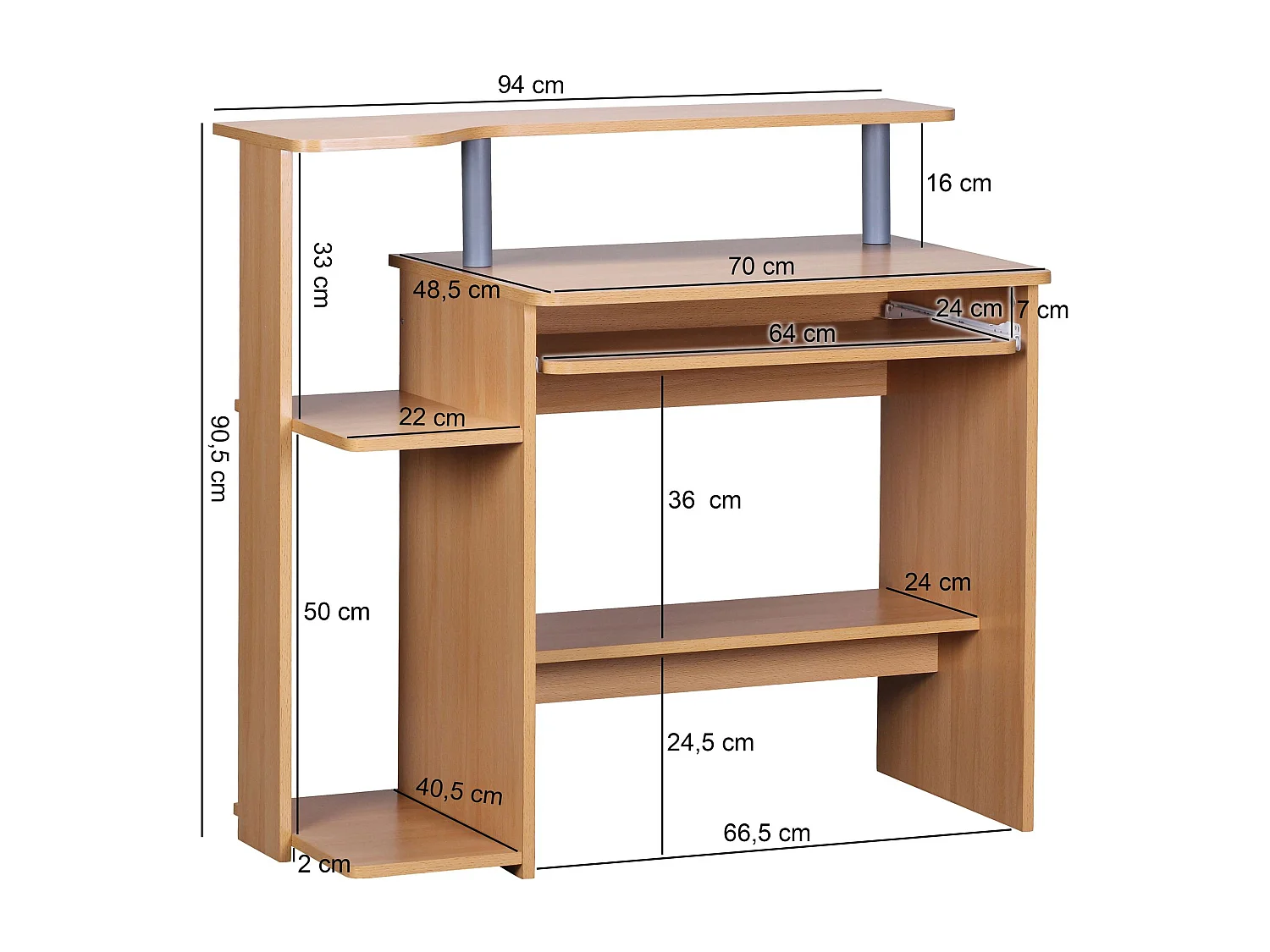 bureau d'ordinateur DENNIS hêtre 94 x 90 x 48 cm avec