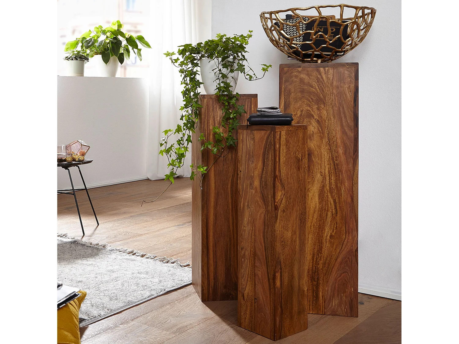 Beistelltisch 3er Set Sheesham Massivholz Satztisch