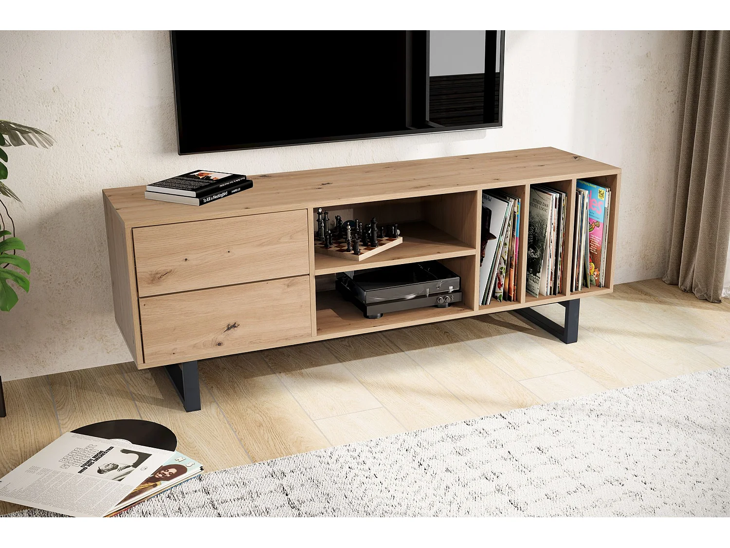 Meuble TV Lowboard Chêne Décor 150x55x40 cm Moderne,