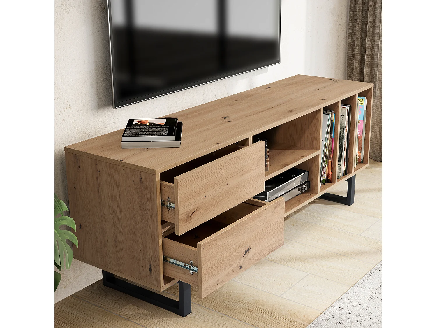 Meuble TV Lowboard Chêne Décor 150x55x40 cm Moderne,