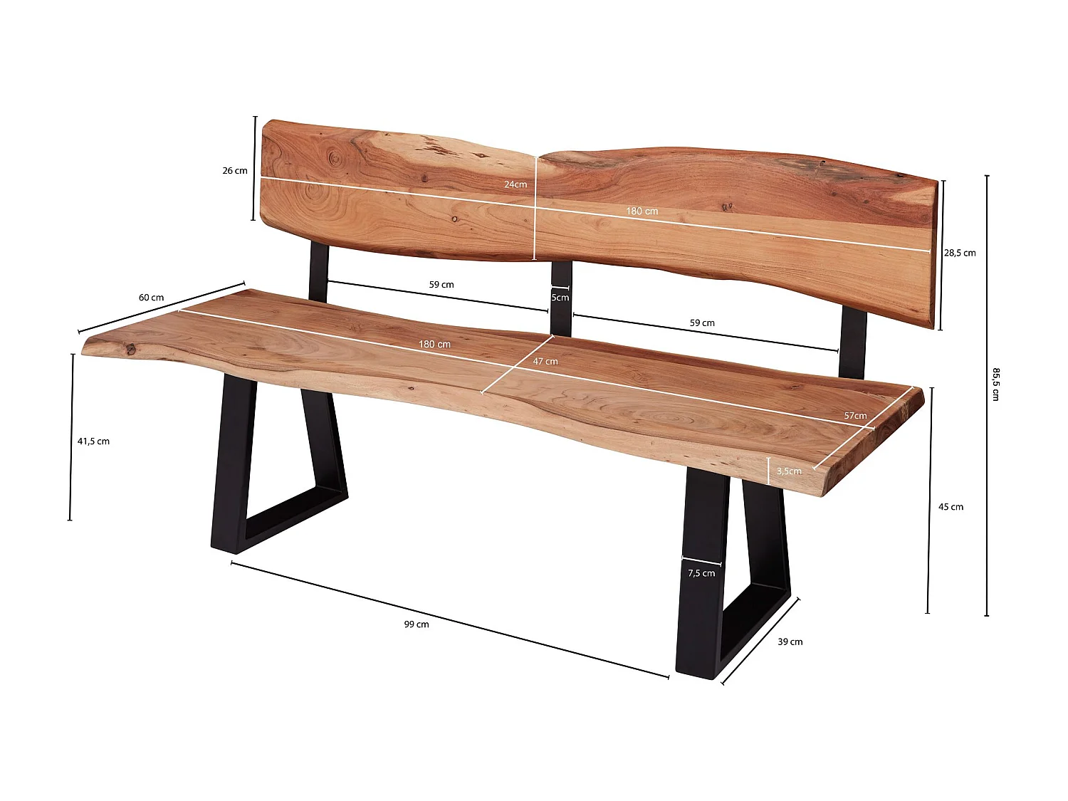 Esszimmerbank GAYA 180x85,5x60 cm Akazie Massivholz Bank
