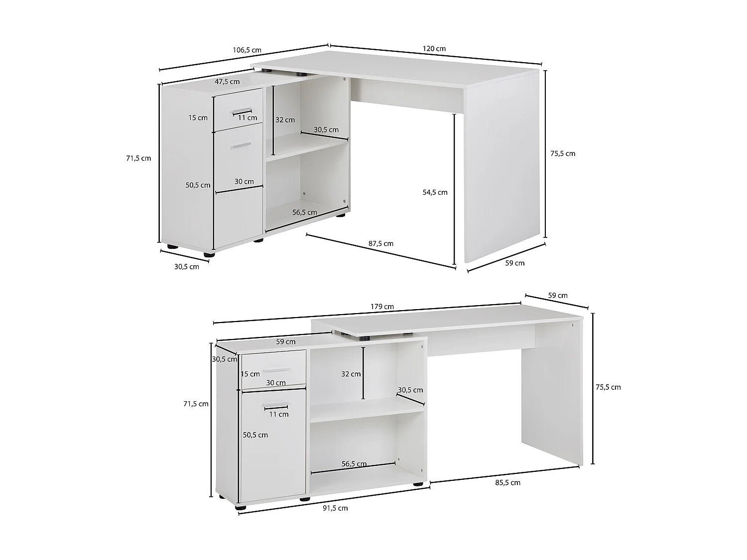 d'angle design  avec étagère blanc 120 x 75,5 x 106,5 cm