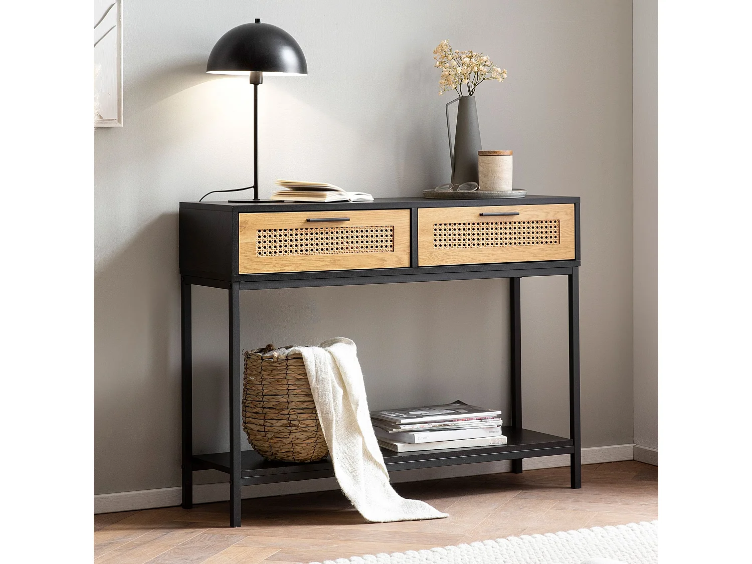 Table Console Entrée Noir 100x30x75 cm Vannerie