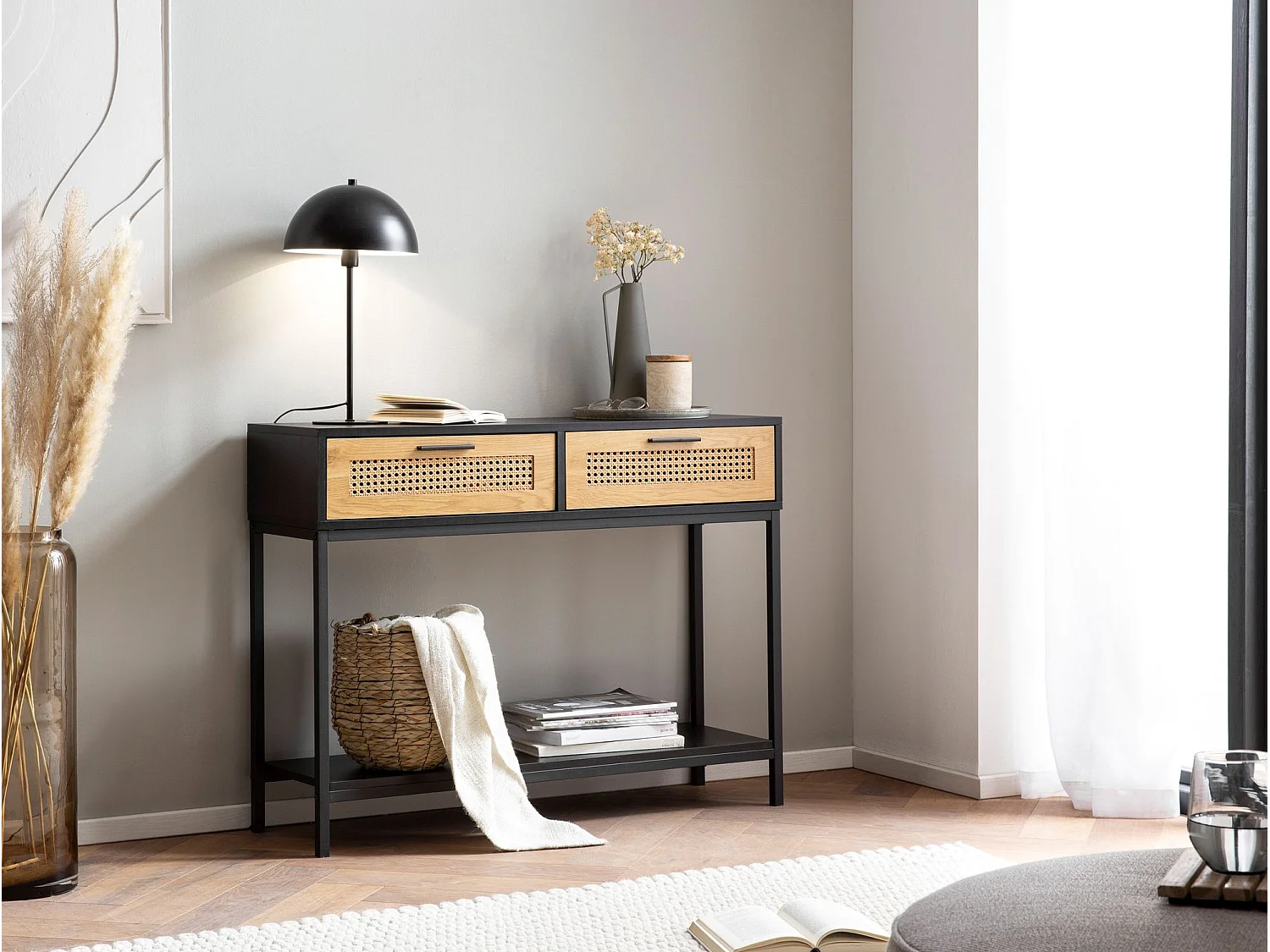 Table Console Entrée Noir 100x30x75 cm Vannerie
