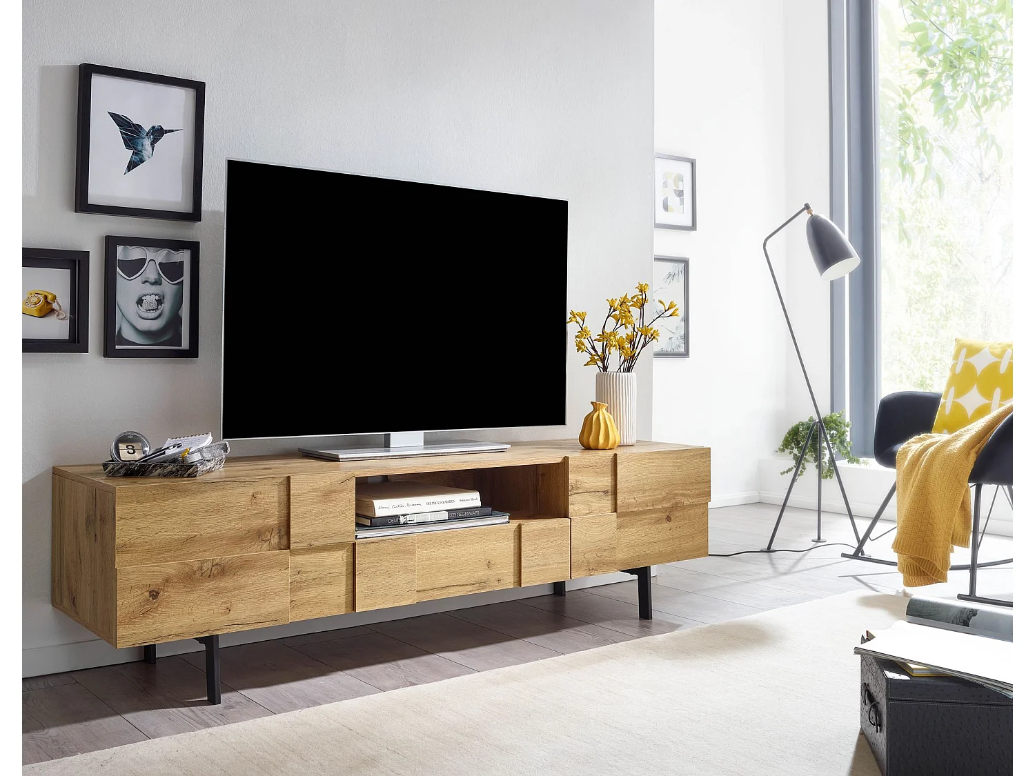 lowboard bois décor chêne 160x46x43 cm Meuble TV à deux