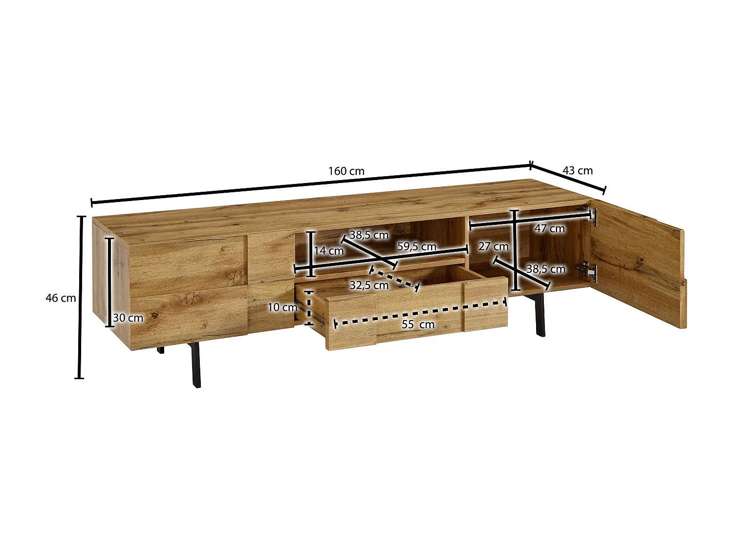 lowboard bois décor chêne 160x46x43 cm Meuble TV à deux