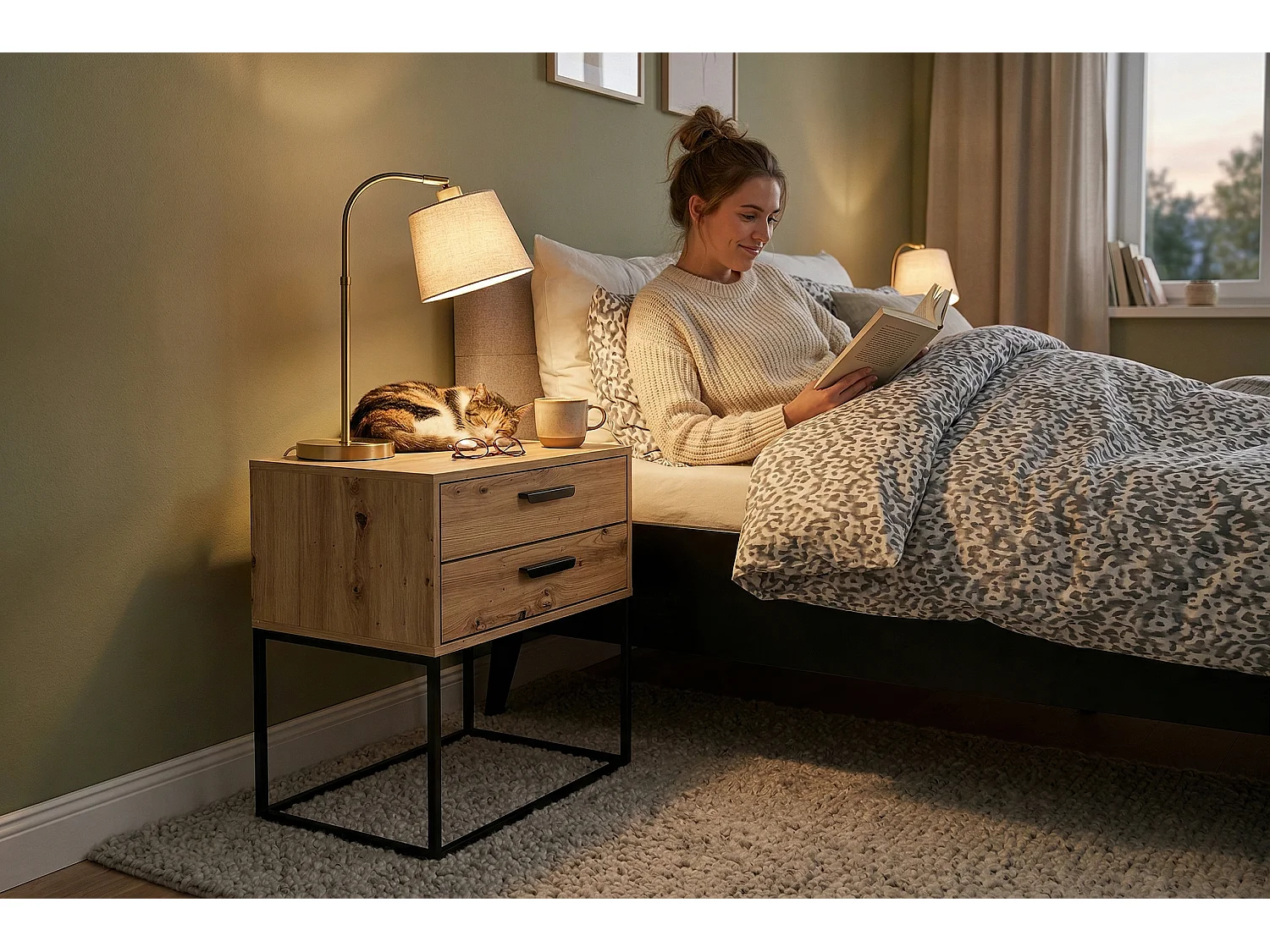 Table de Nuit Navello Chêne Artisan 60 cm Façades Lisses 2 Tiroirs