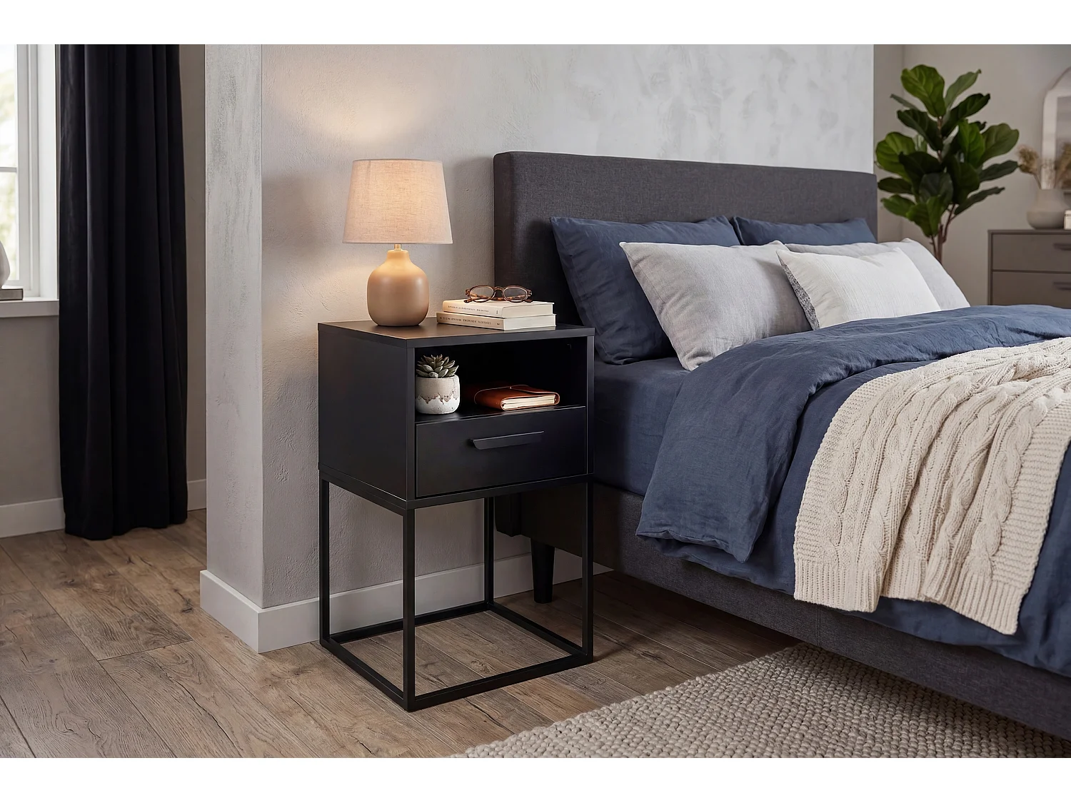 Criado-Mudo Navello Preto 40 cm Frentes Lisos Painel Laminado 1 Gaveta