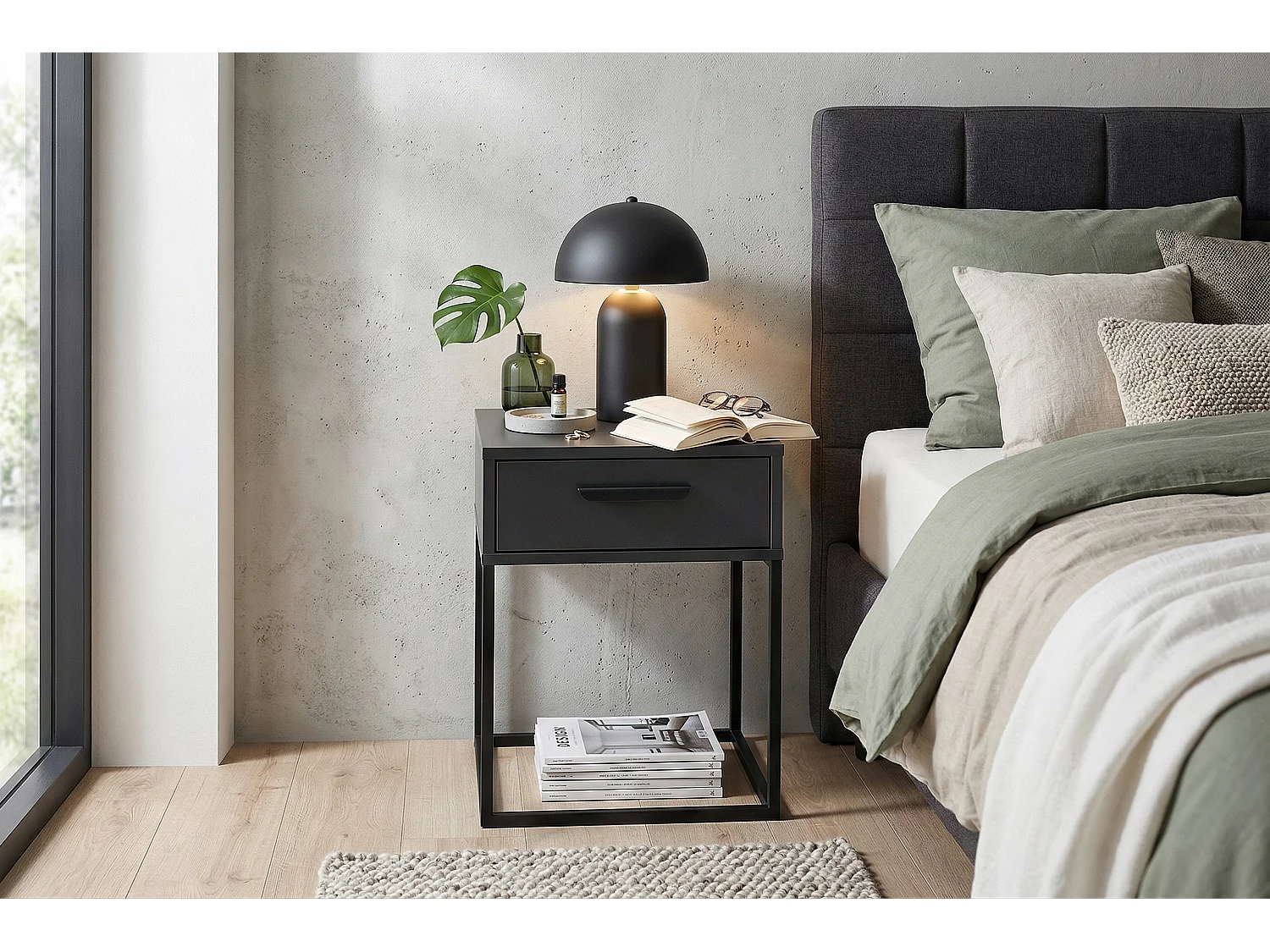 Table de Nuit Navello Anthracite 40 cm 1 Tiroir Structure Métallique