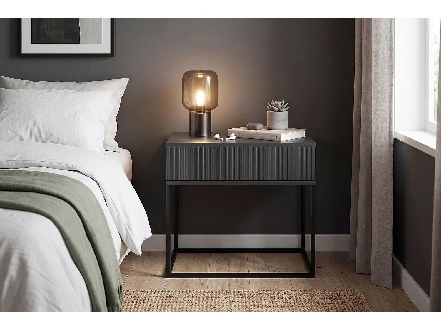 Table de Nuit Spello Anthracite 60 cm Push-to-Open MDF 1 Tiroir