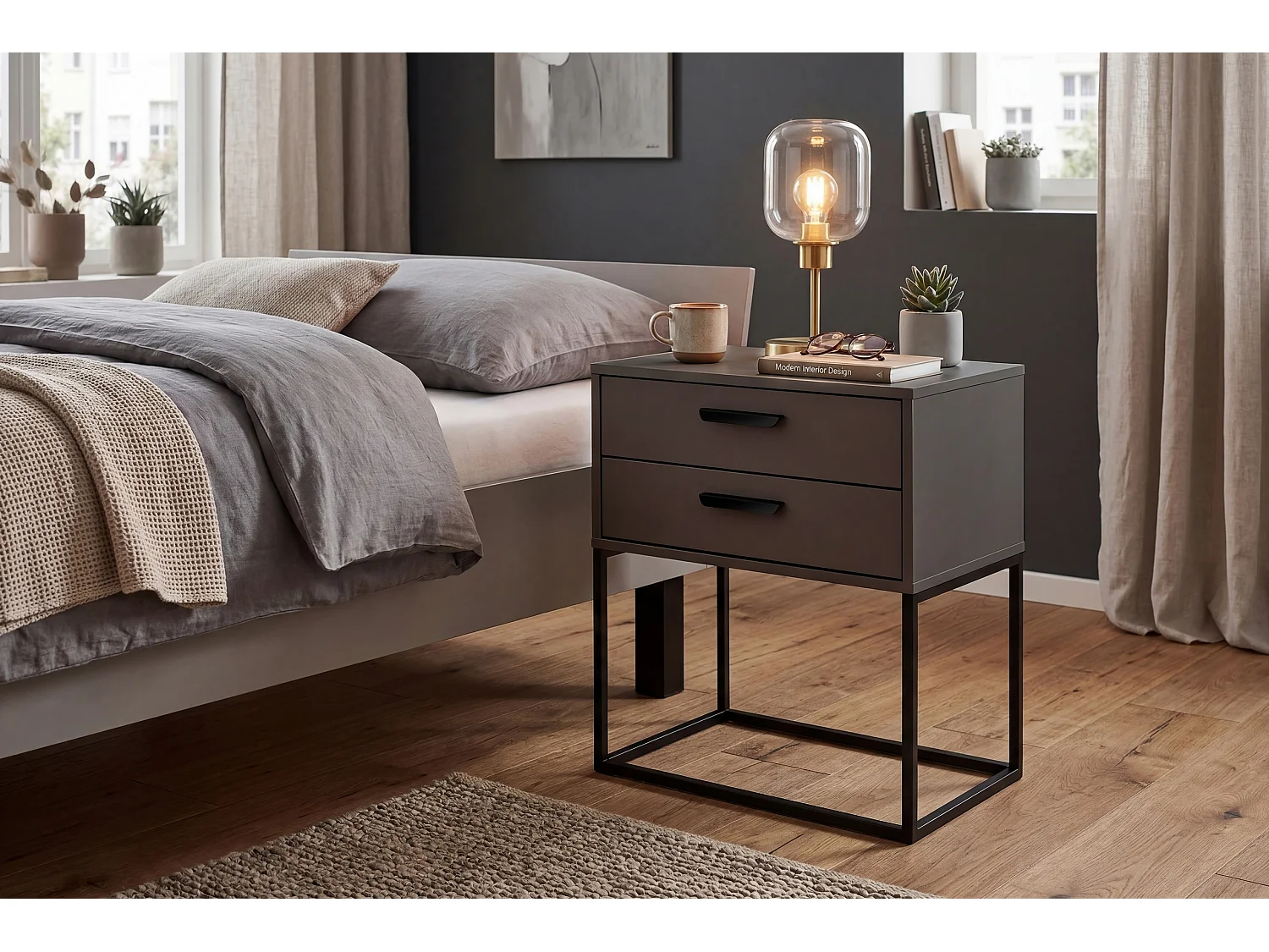 Table de Nuit Navello Anthracite 60 cm 2 Tiroirs Structure Métallique