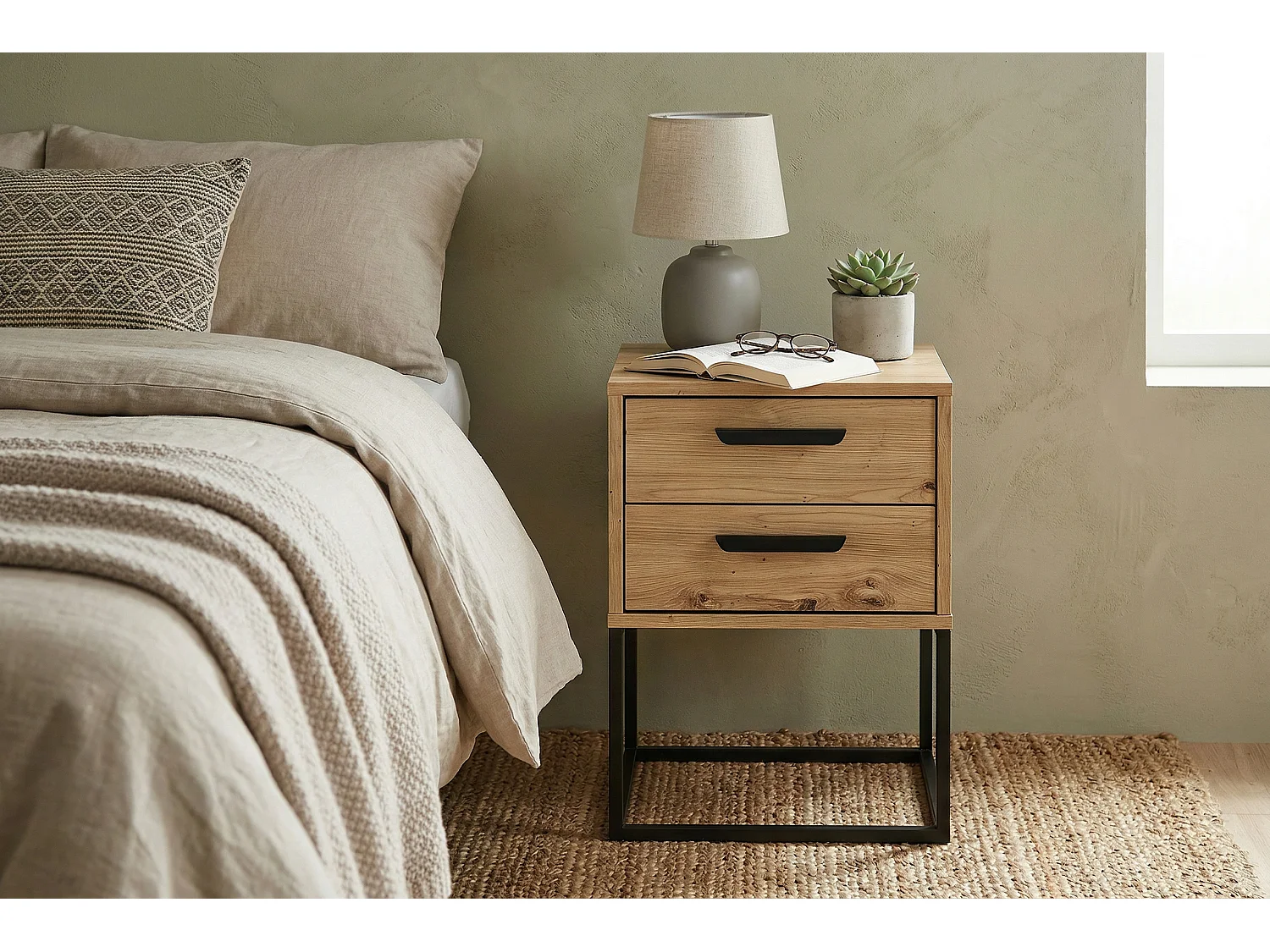 Table de Nuit Navello Chêne Artisan 40 cm Façades Lisses 2 Tiroirs Mélamine