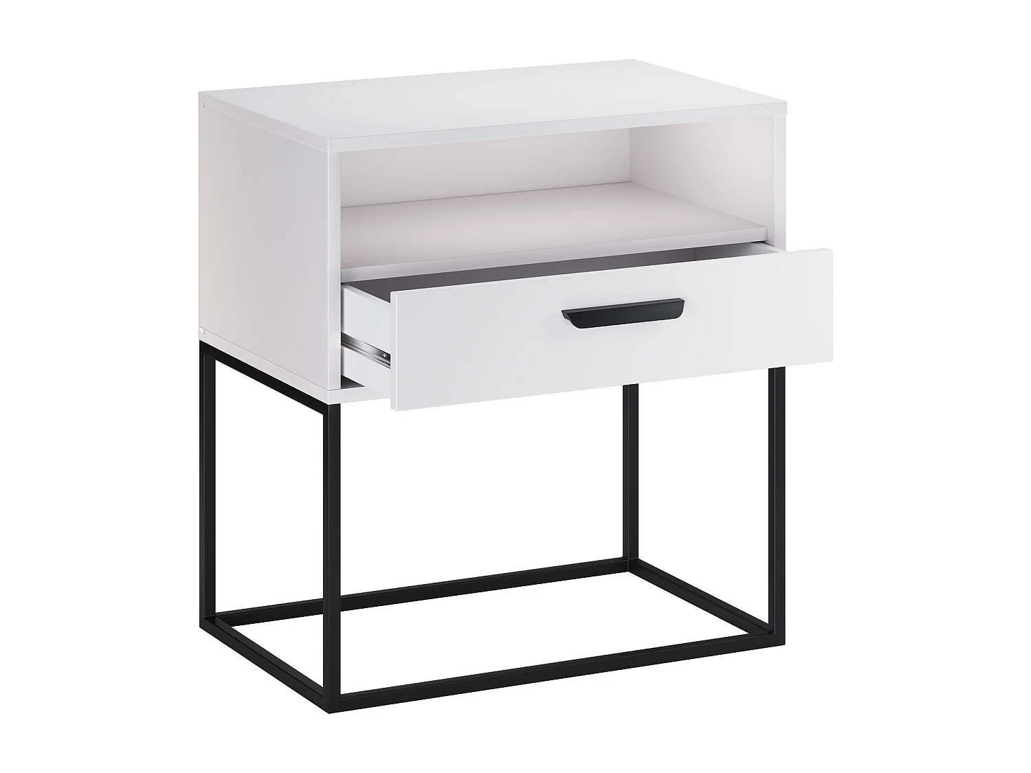 Table de Nuit Navello Blanche 60 cm Façades Lisses Structure Métallique 1 Tiroir
