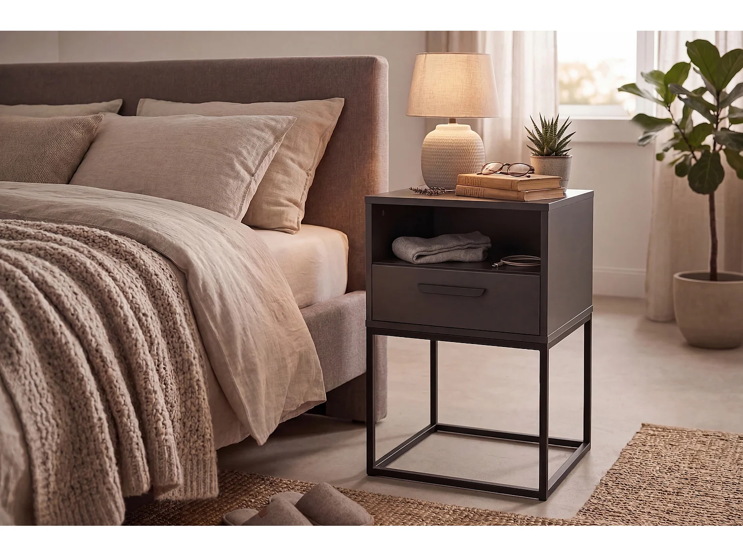 Table de Nuit Navello Anthracite 40 cm Façades Lisses, Base en Métal, 1 Tiroir