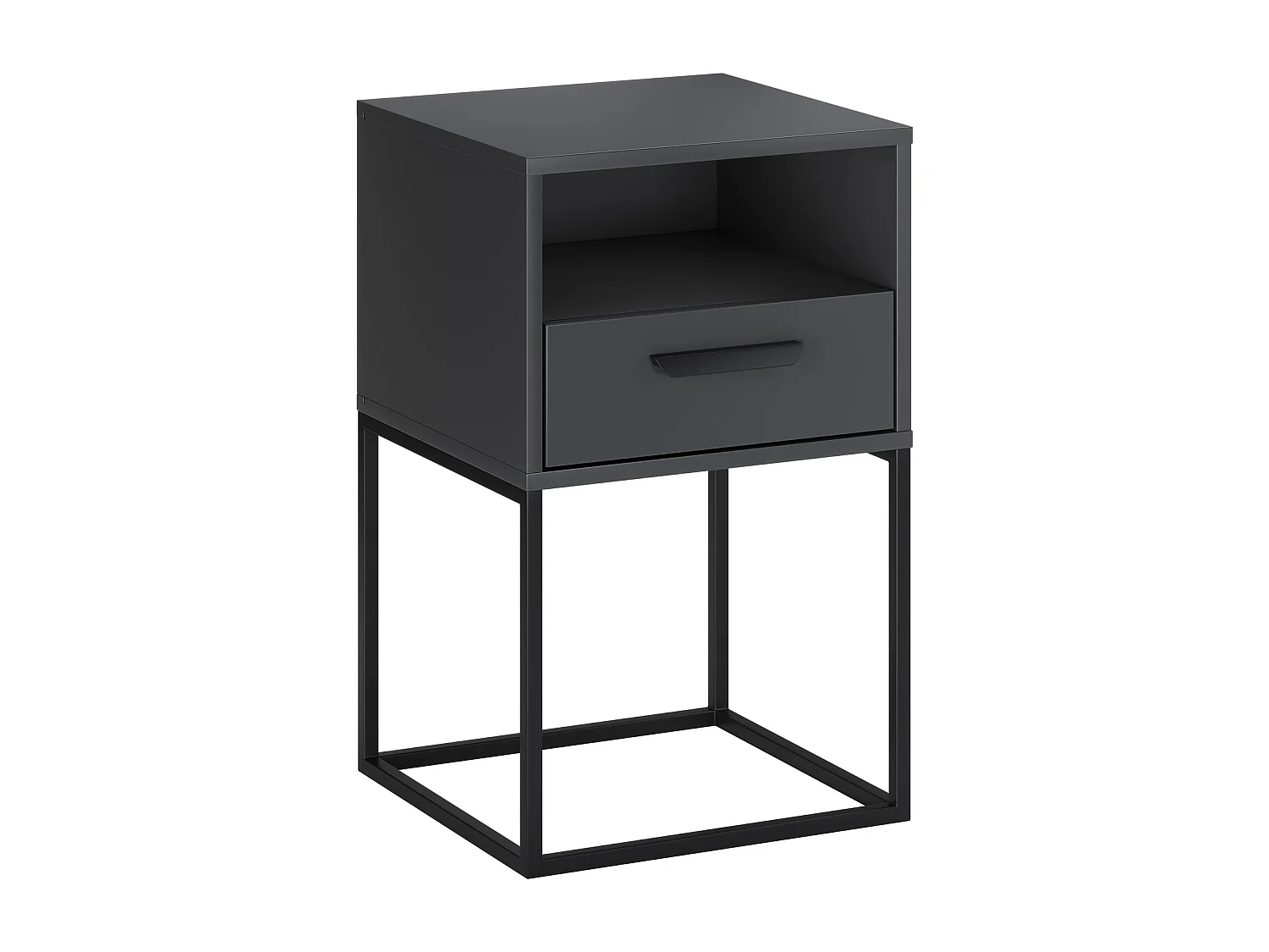 Table de Nuit Navello Anthracite 40 cm Façades Lisses, Base en Métal, 1 Tiroir
