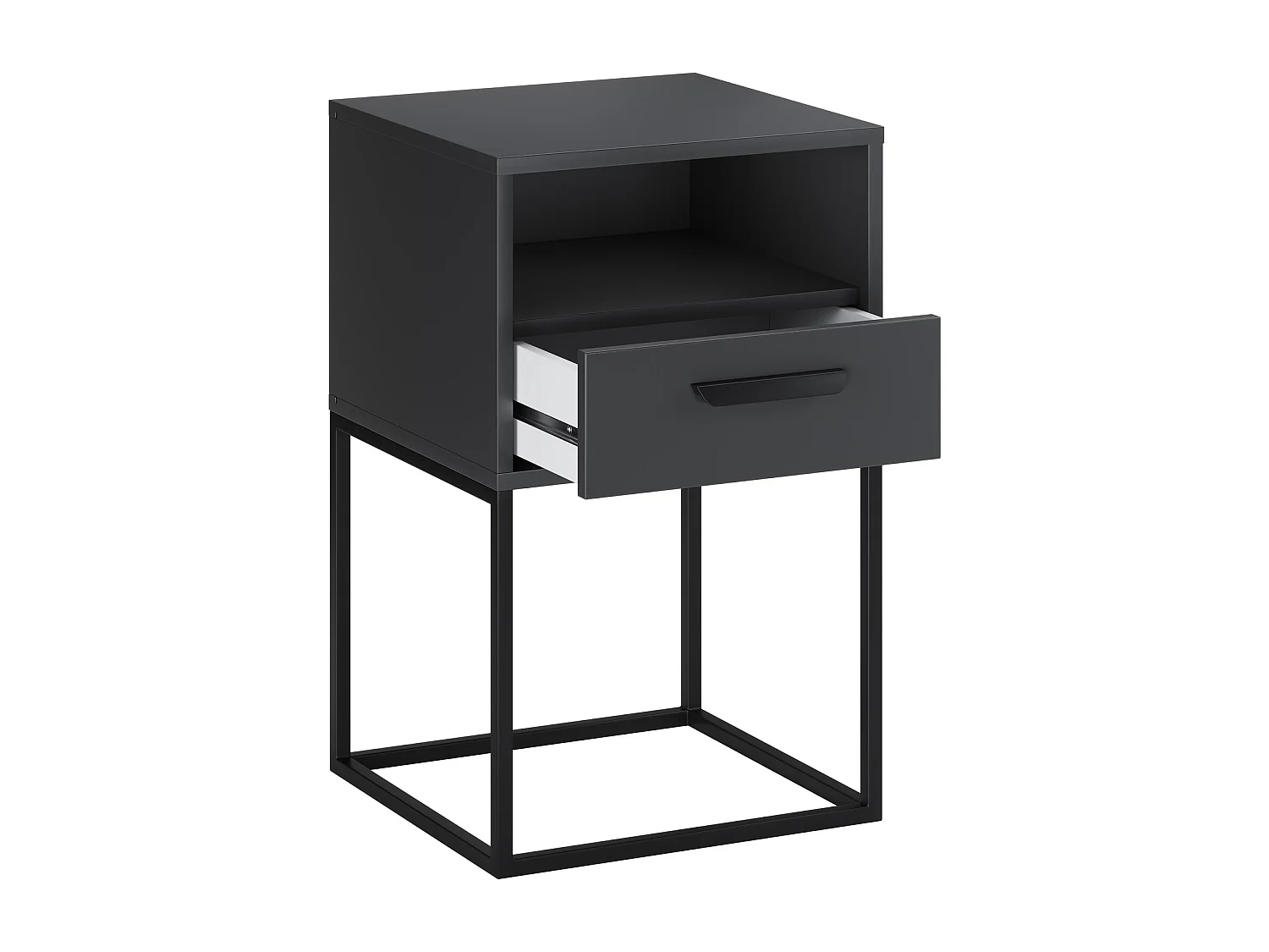 Table de Nuit Navello Anthracite 40 cm Façades Lisses, Base en Métal, 1 Tiroir
