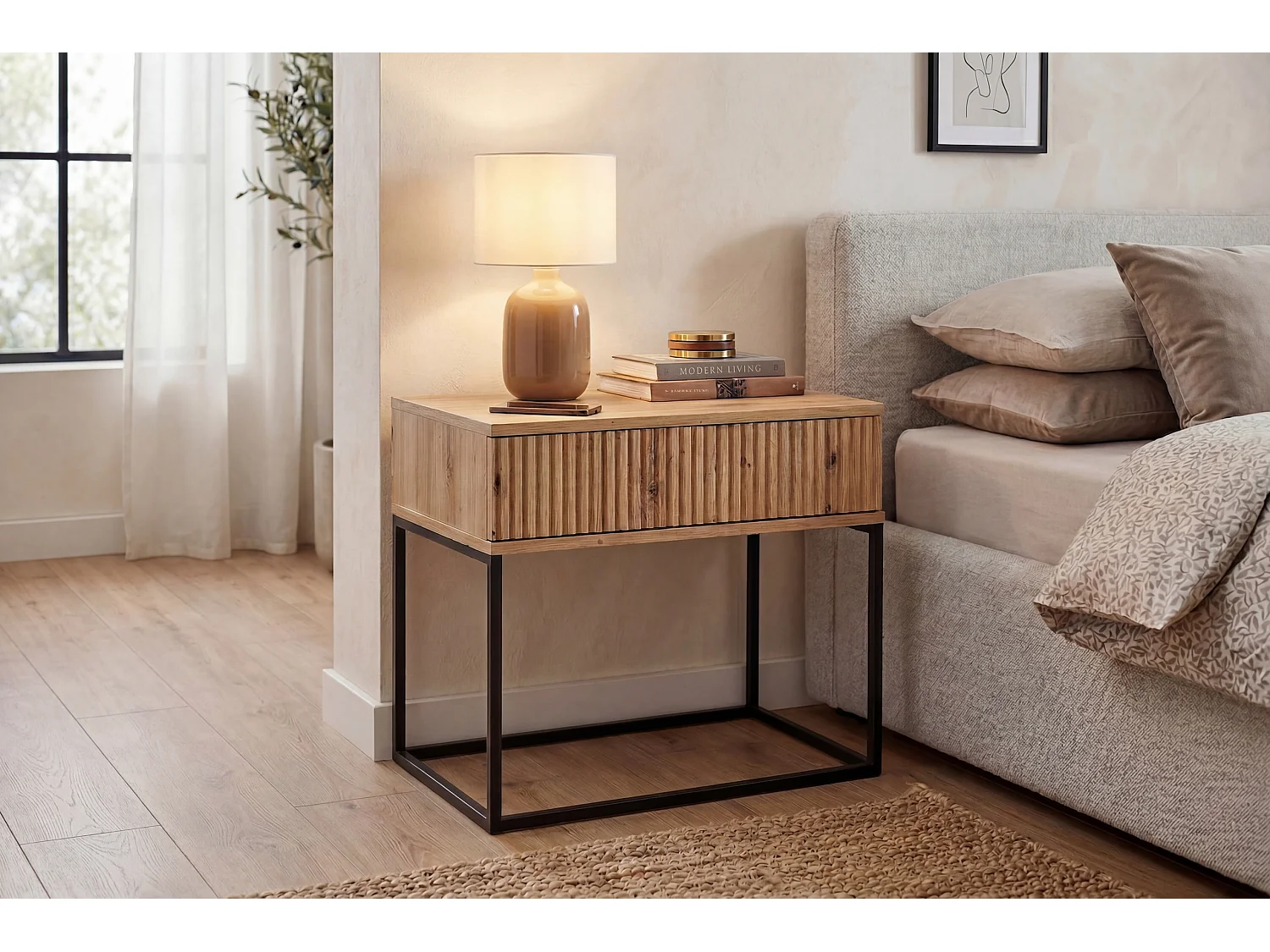 Table de Nuit Spello Chêne Artisan 60 cm Push-to-Open 1 Tiroir MDF