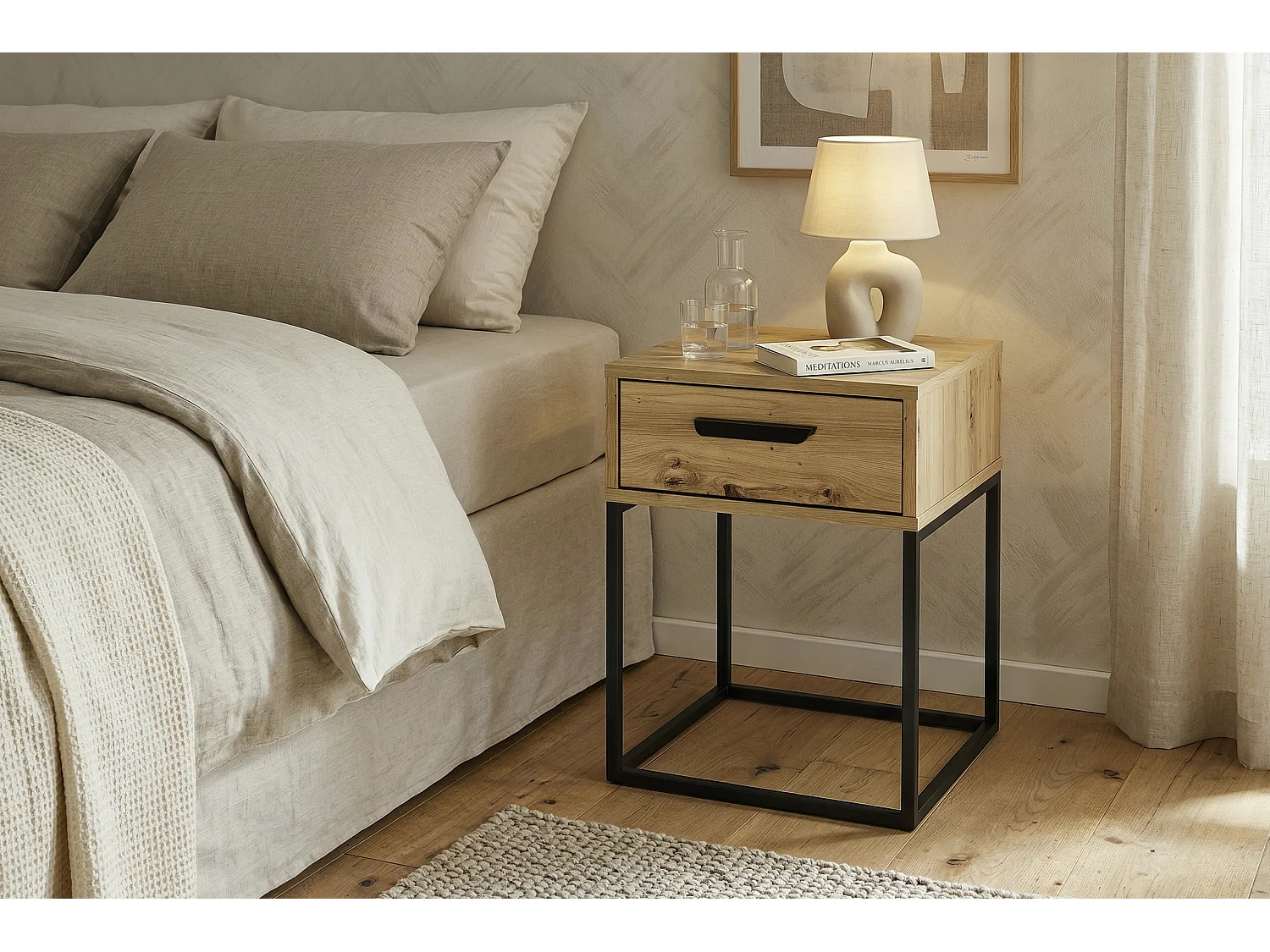 Table de Nuit Navello Chêne Artisan 40 cm Façades Lisses 1 Tiroir Mélamine