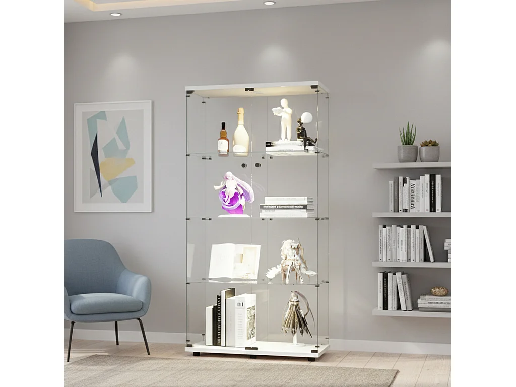 Vitrine en Verre avec LED, Armoire de Collection Moderne avec 2 Portes et Serrure, Meuble Vitrine Verre, 80.5x36.5x164 cm, Blanc