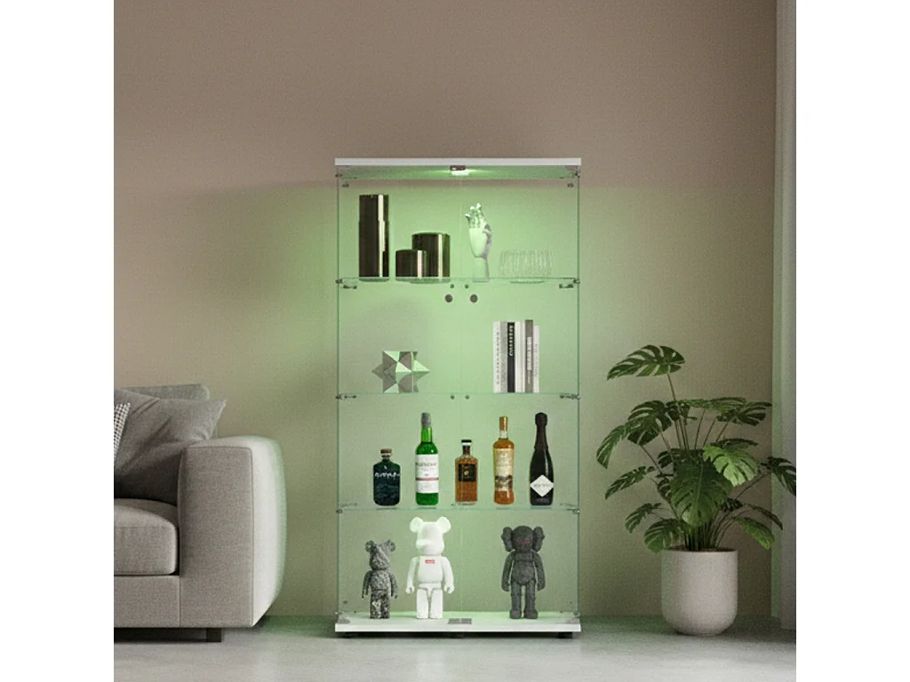 Vitrine en Verre avec LED, Armoire de Collection Moderne avec 2 Portes et Serrure, Meuble Vitrine Verre, 80.5x36.5x164 cm, Blanc