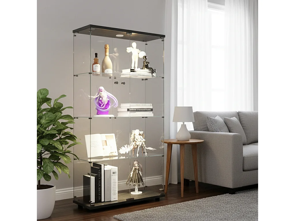 Vitrine en Verre avec LED, Armoire de Collection Moderne avec 2 Portes et Serrure, Meuble Vitrine Verre, 80.5x36.5x164 cm, Noir