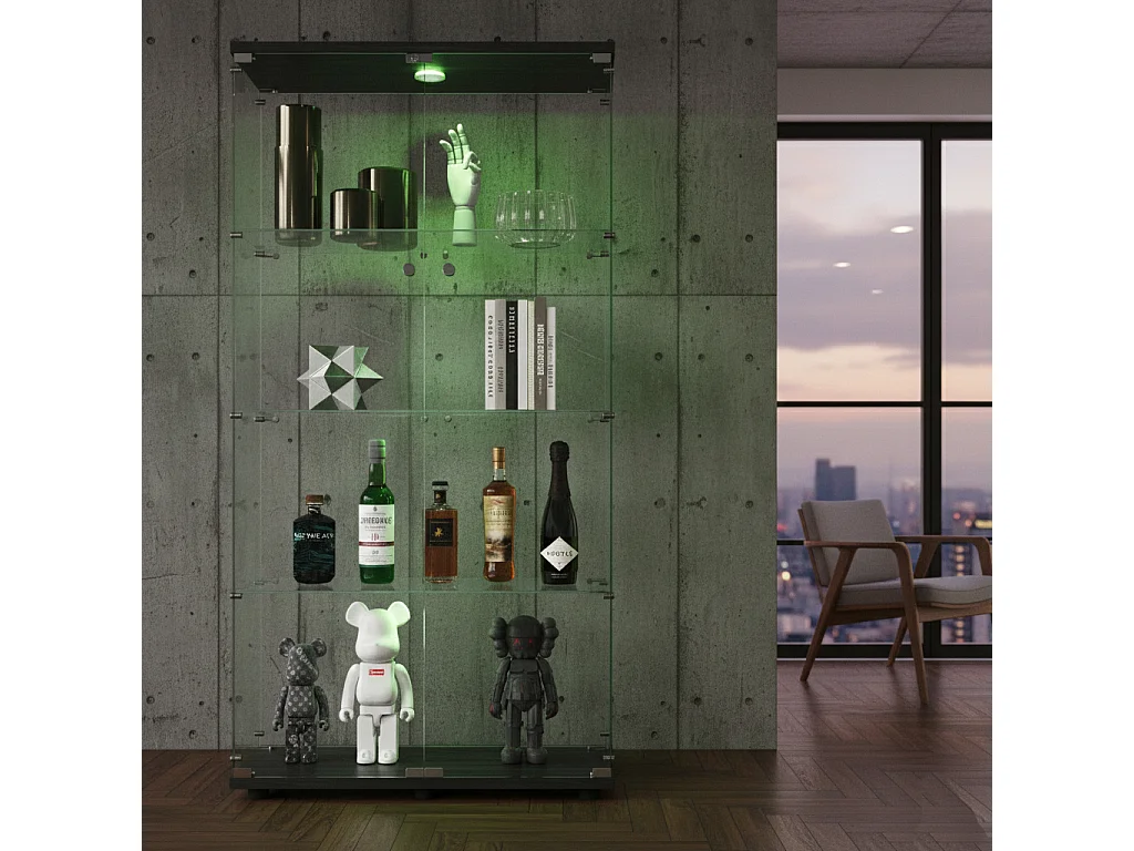 Vitrine en Verre avec LED, Armoire de Collection Moderne avec 2 Portes et Serrure, Meuble Vitrine Verre, 80.5x36.5x164 cm, Noir