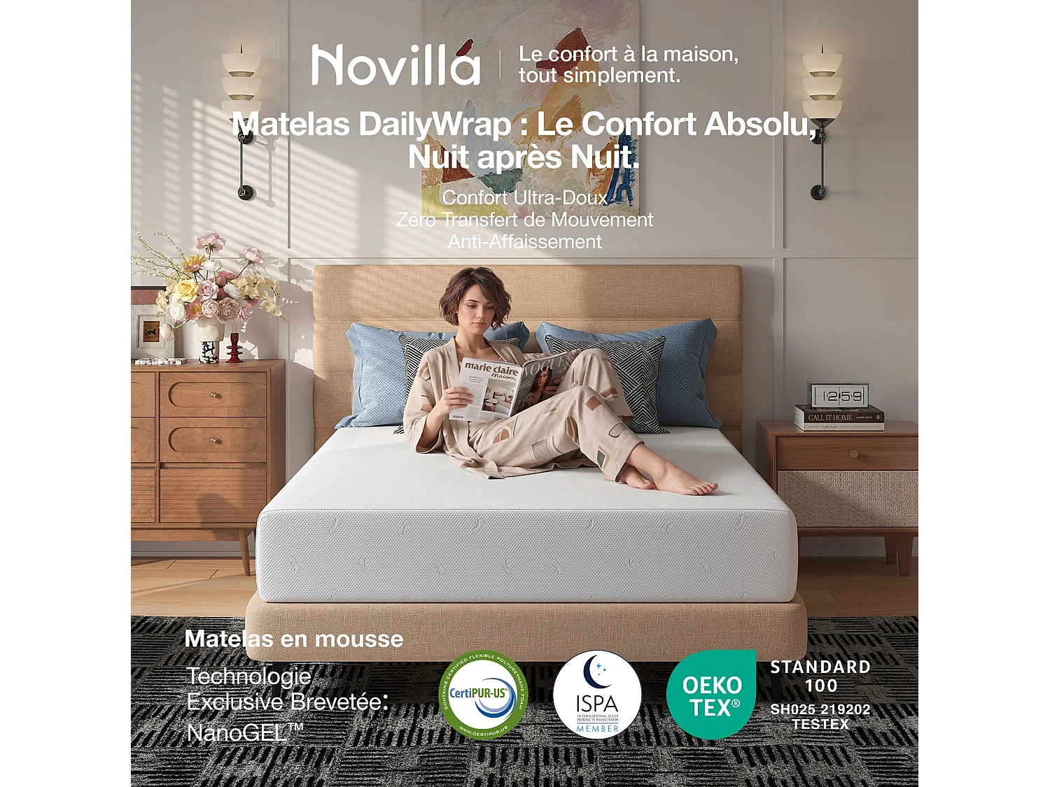 Novilla Matelas - 90 x 190 cm - épaisseur 18 cm - mémoire de forme gel - 7 zones - mi-ferme - housse lavable