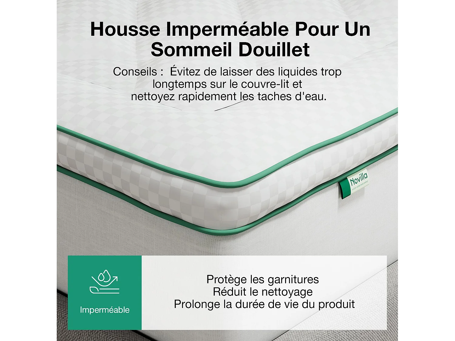 Novilla Surmatelas 140x200 cm - Épaisseur 3 cm - Matelassé Déperlant Effet Duvet - Bonnet Extensible 30 cm - Blanc