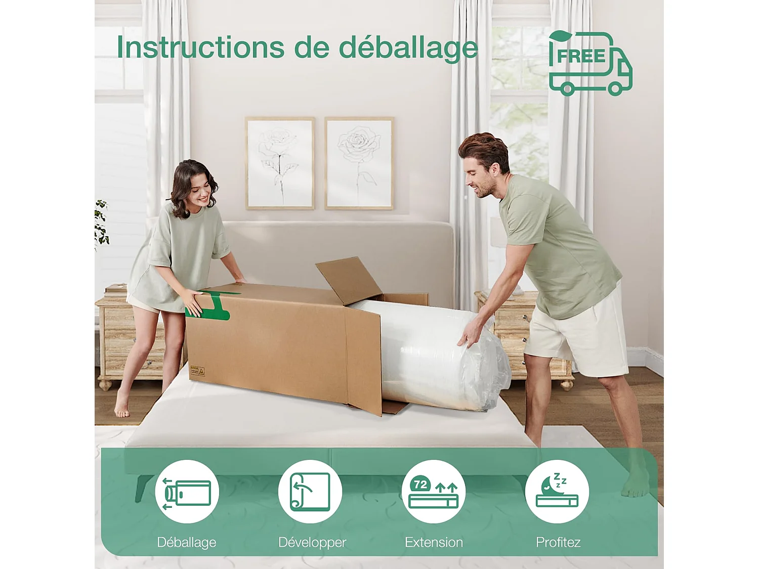 Novilla Matelas 90x200 cm épaisseur 24 cm - Ressorts Ensachés et Mémoire de Forme - Respirant, Déhoussable et Lavable -